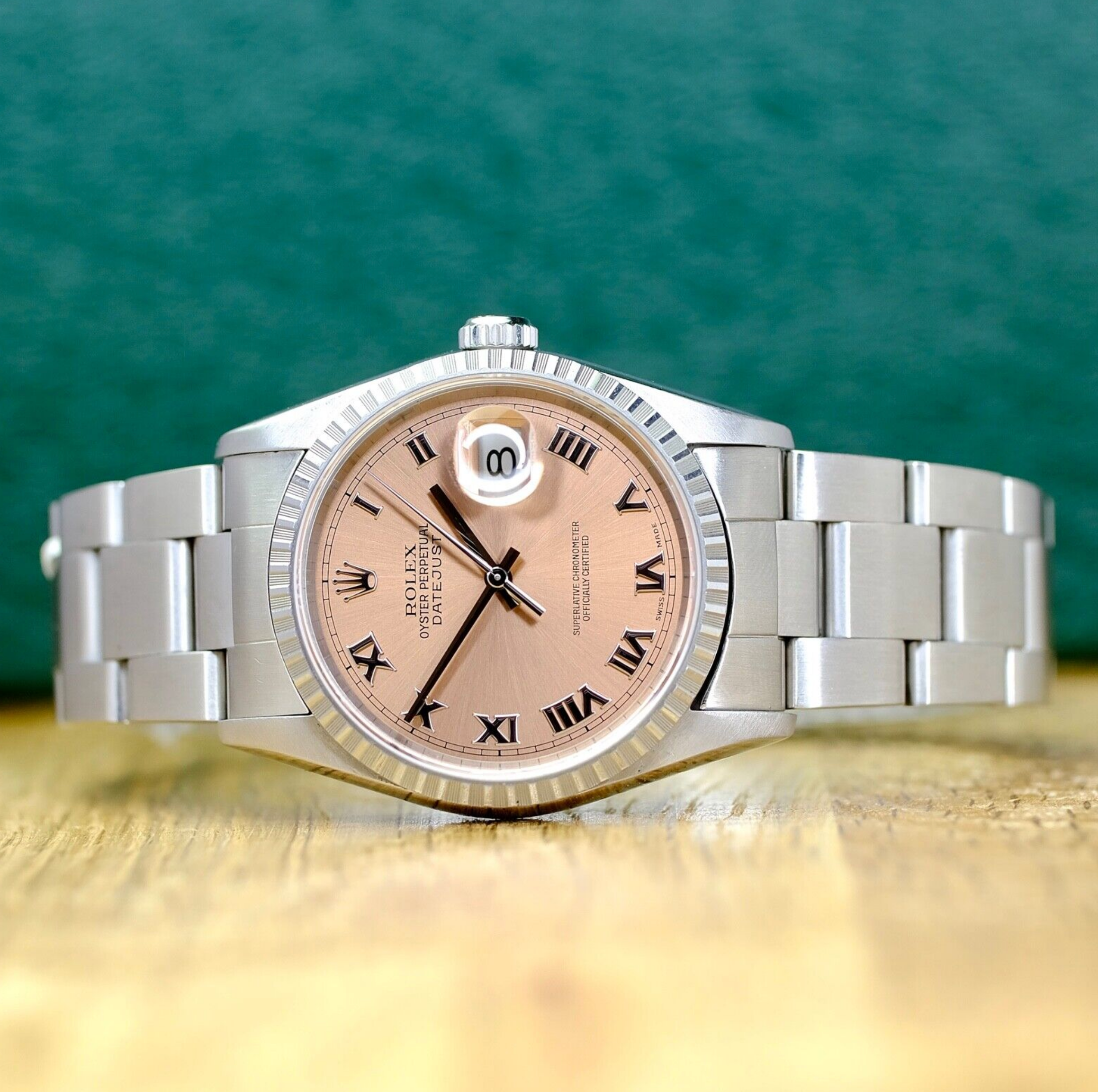 Rolex Mens Datejust Salmon Roman Dial Engine-Turned Bezel 16220 All Original Watch - luxuriantconcierge