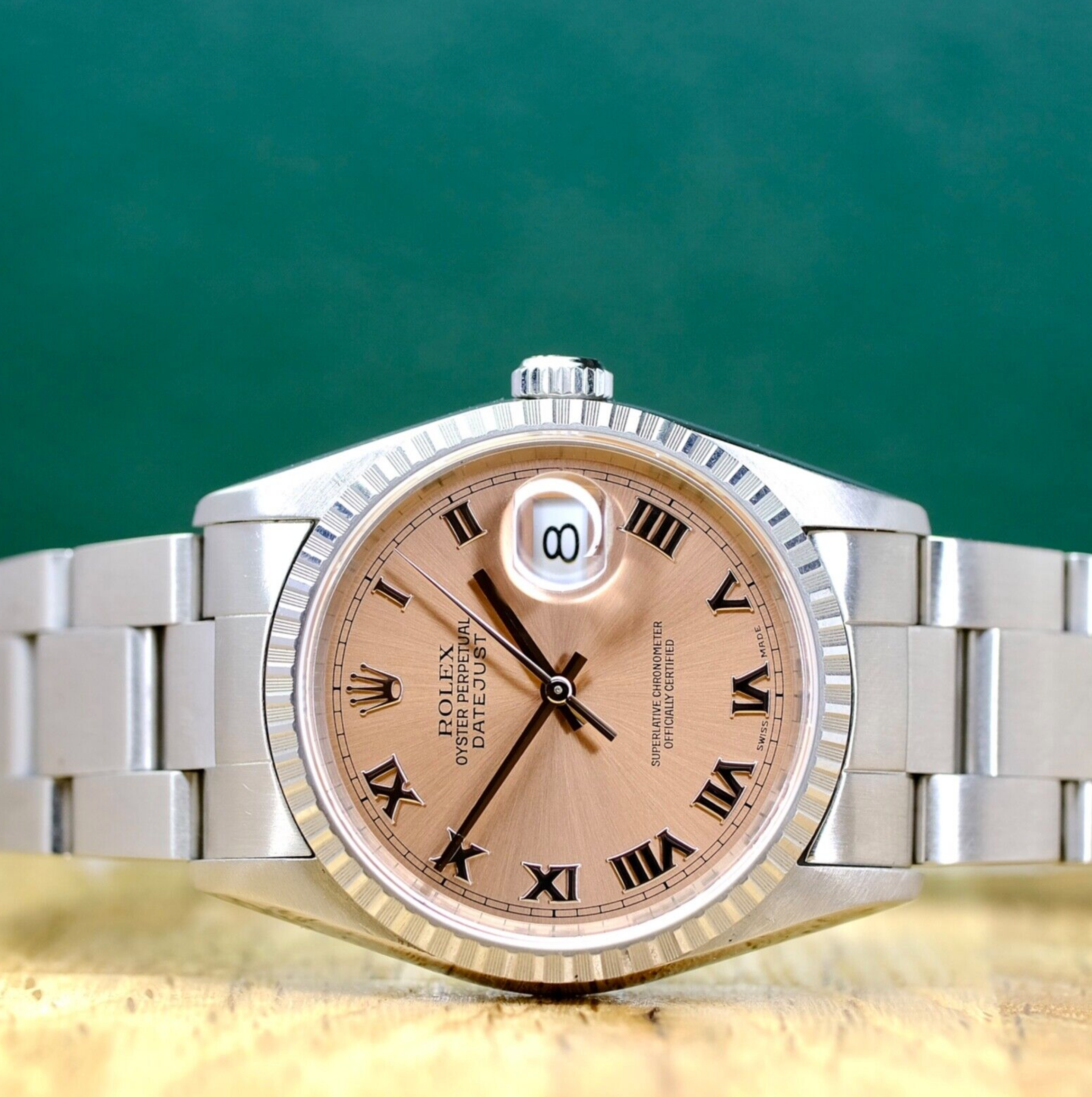 Rolex Mens Datejust Salmon Roman Dial Engine-Turned Bezel 16220 All Original Watch - luxuriantconcierge