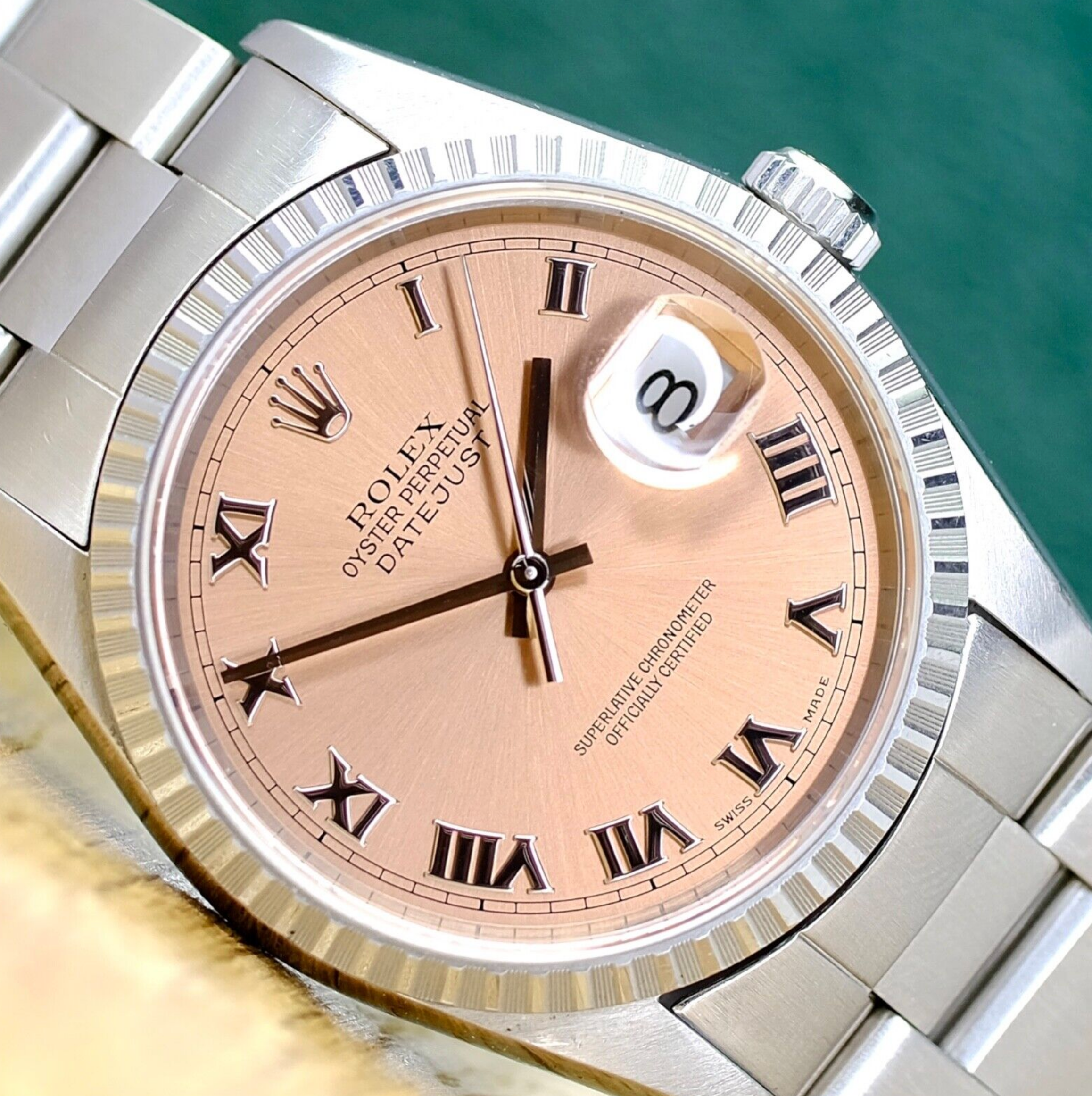 Rolex Mens Datejust Salmon Roman Dial Engine-Turned Bezel 16220 All Original Watch - luxuriantconcierge