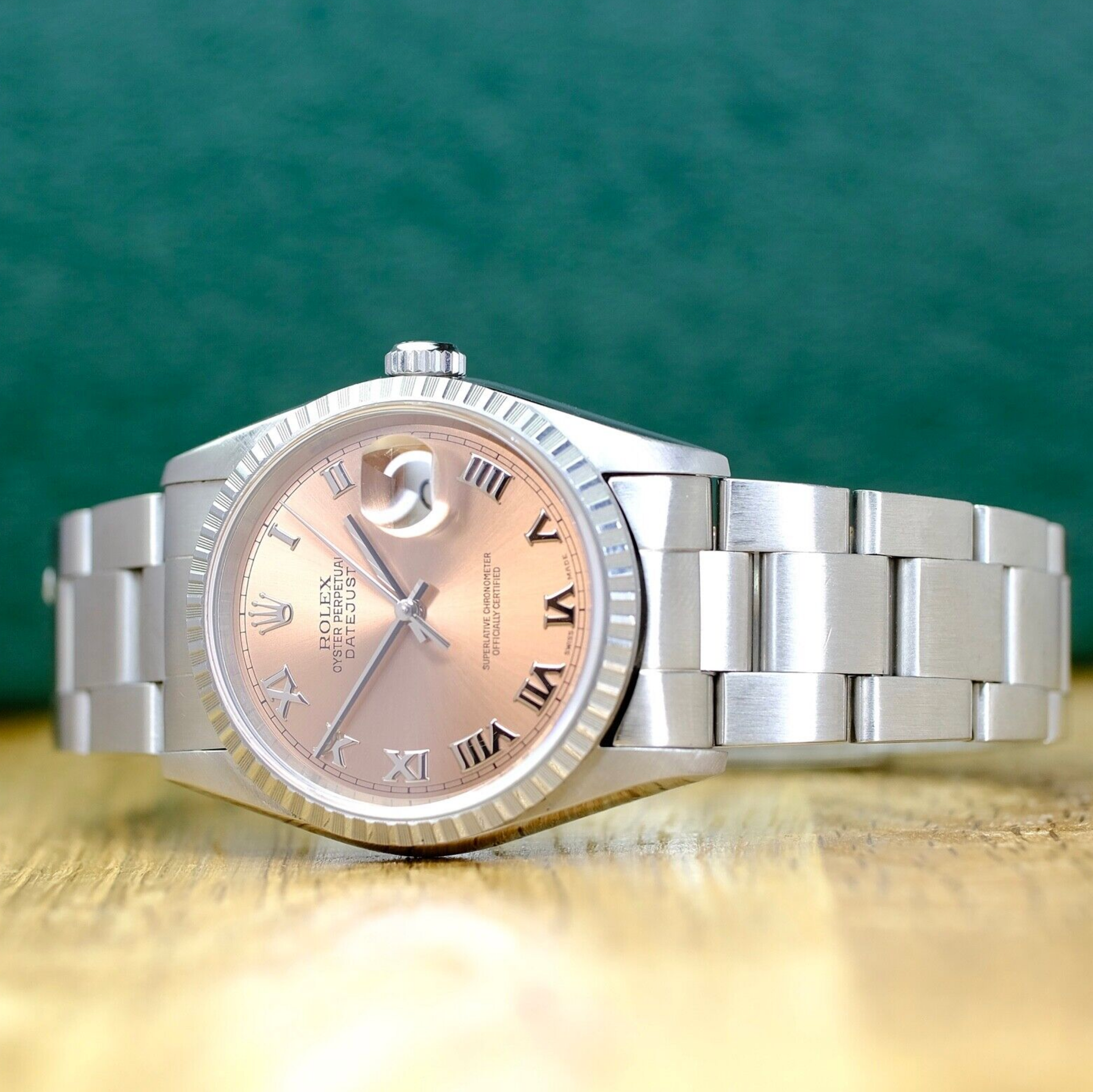 Rolex Mens Datejust Salmon Roman Dial Engine-Turned Bezel 16220 All Original Watch - luxuriantconcierge