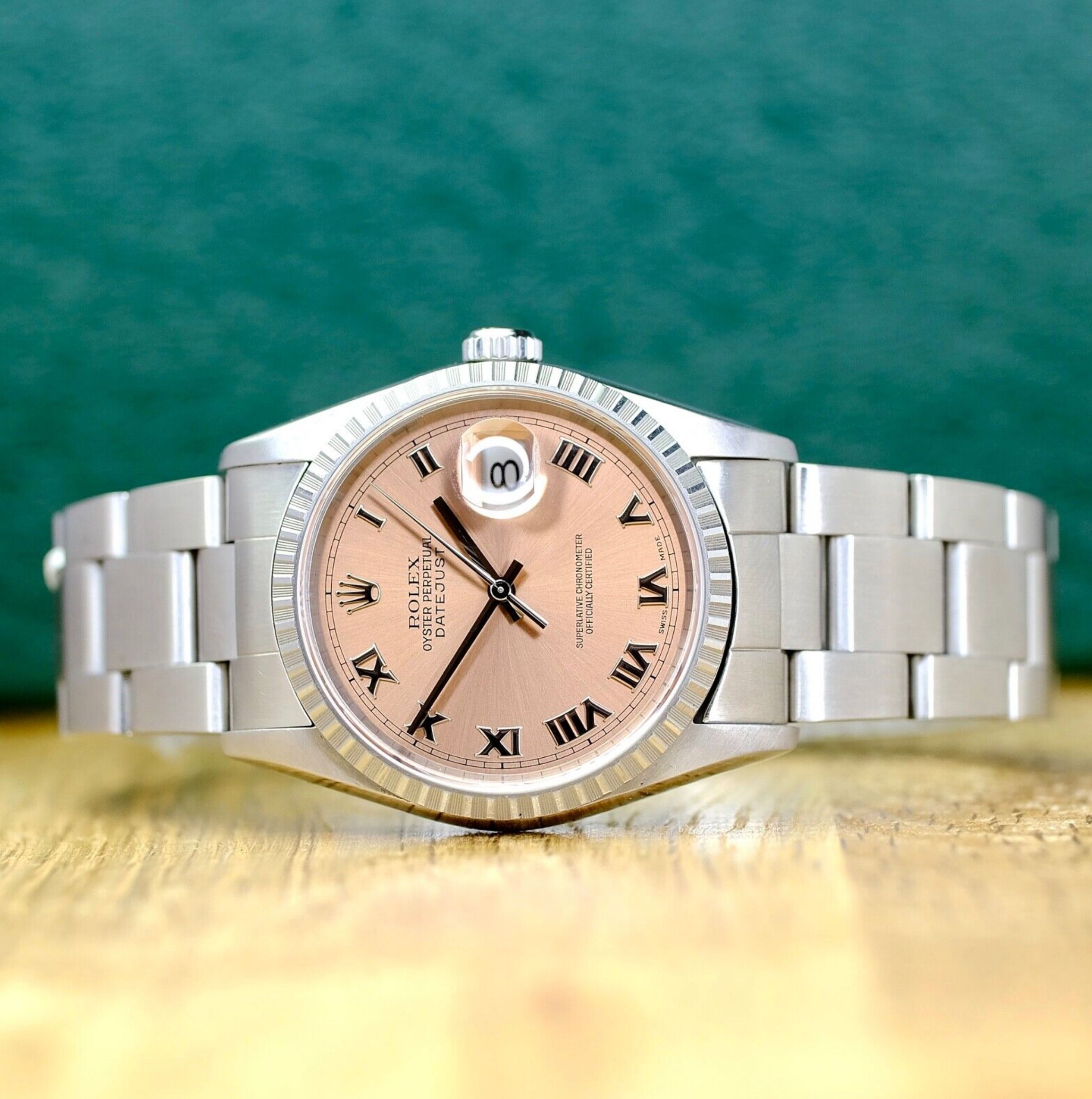 Rolex Mens Datejust Salmon Roman Dial Engine-Turned Bezel 16220 All Original Watch - luxuriantconcierge