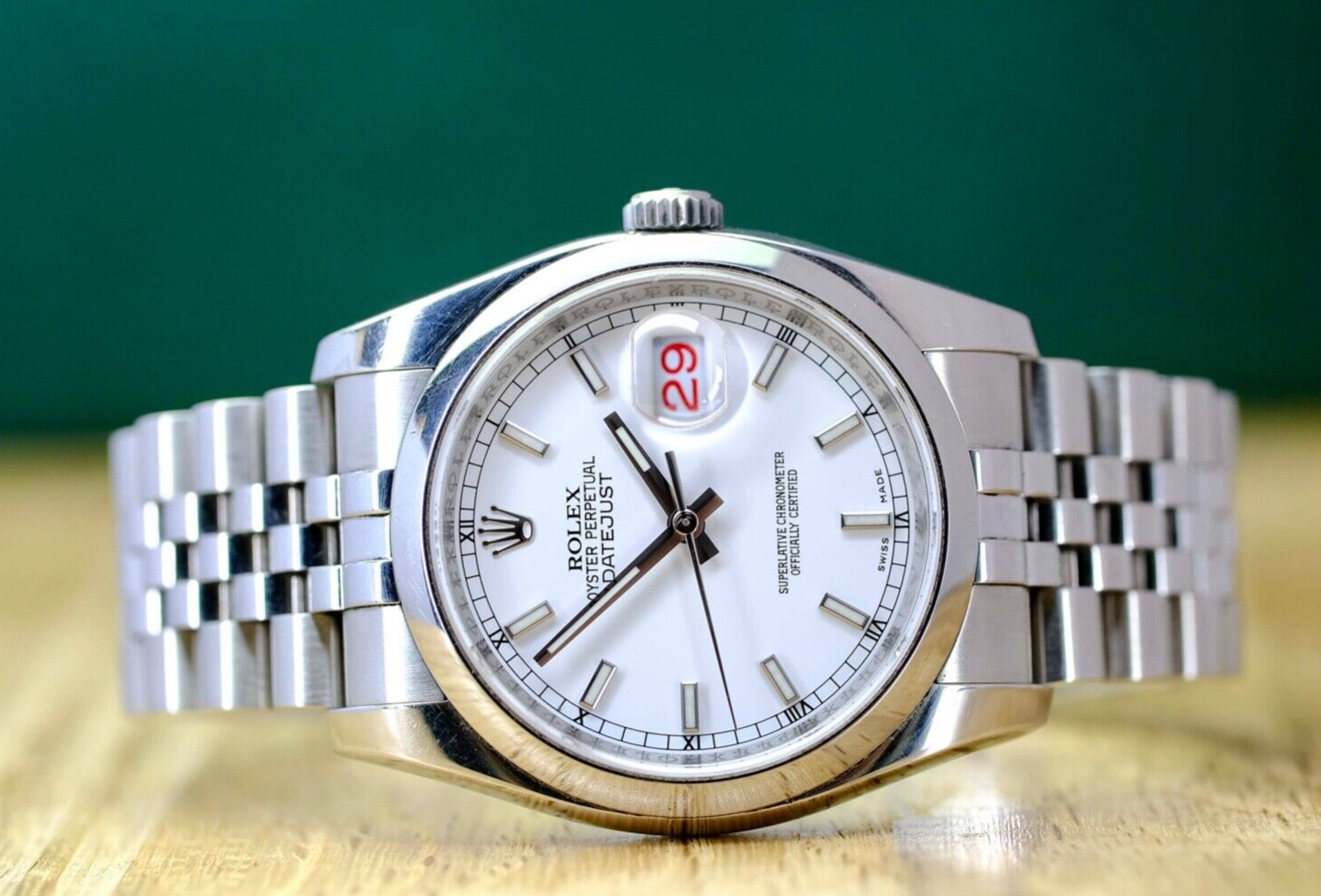 Rolex Mens Datejust Steel White Index Dial Roulette Calendar 116200 Watch - luxuriantconcierge