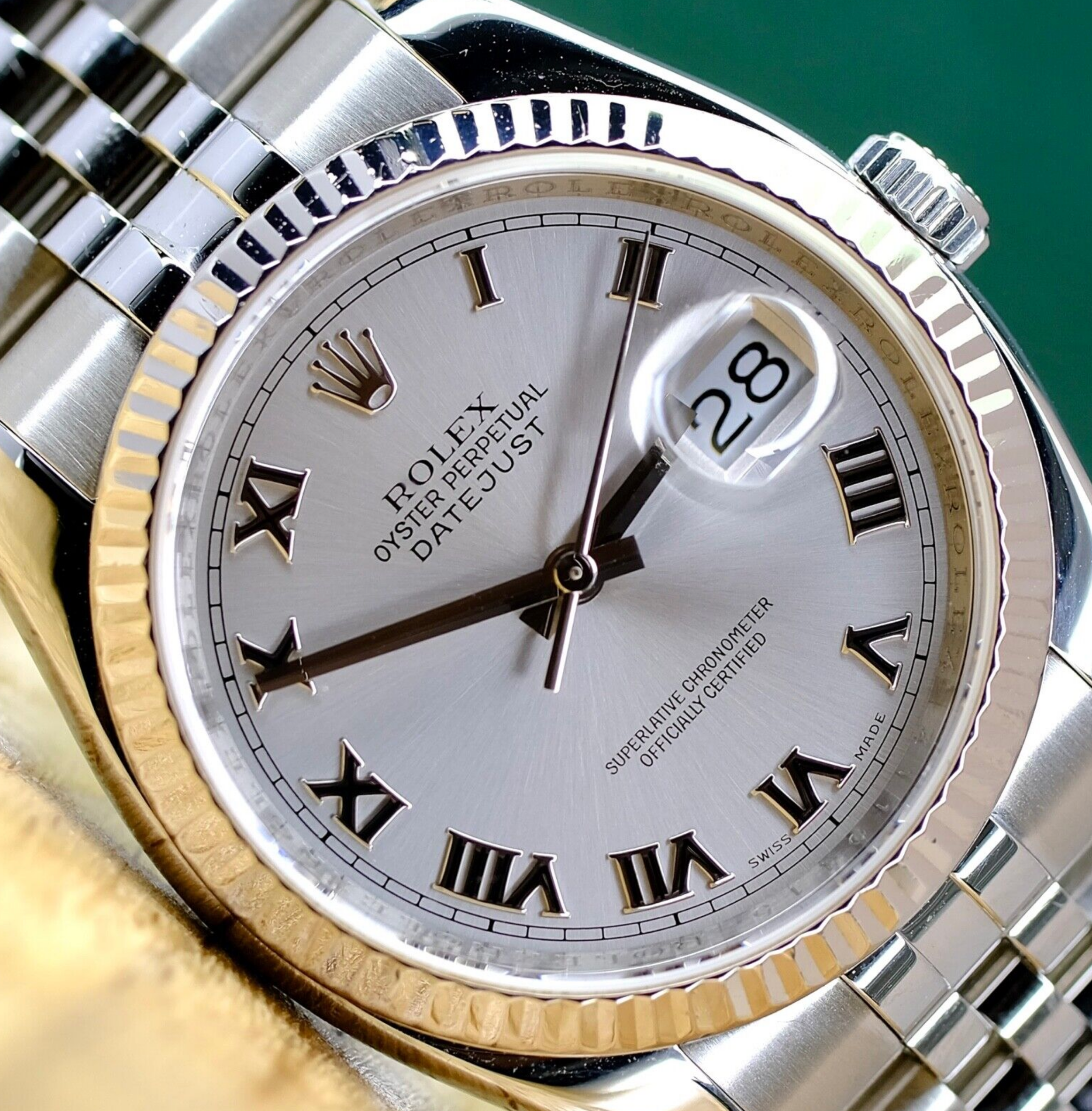 Rolex Datejust Silver 18KW & Steel Roman Numeral Jubilee Band 116234 Watch - luxuriantconcierge