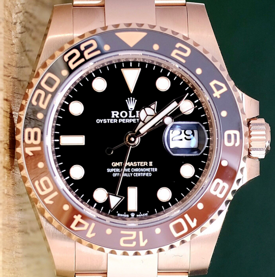 Rolex Mens Rootbeer GMT-Master II Solid 18K Rose Gold 126715 Watch - luxuriantconcierge