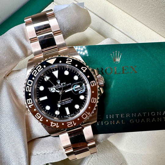 Rolex Mens Rootbeer GMT-Master II Solid 18K Rose Gold 126715 Watch - luxuriantconcierge