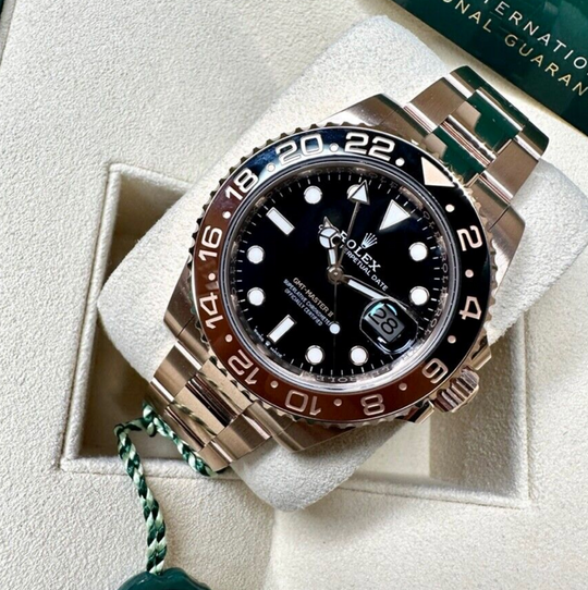 Rolex Mens Rootbeer GMT-Master II Solid 18K Rose Gold 126715 Watch - luxuriantconcierge