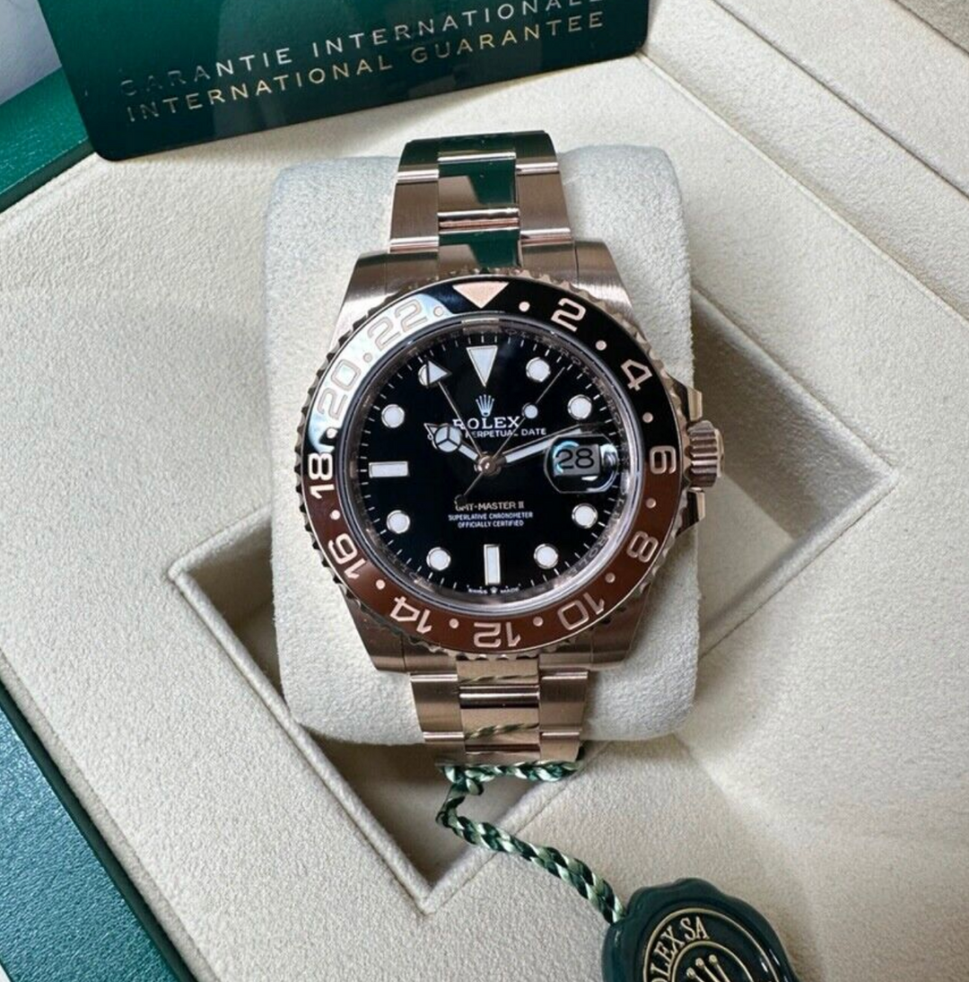 Rolex Mens Rootbeer GMT-Master II Solid 18K Rose Gold 126715 Watch - luxuriantconcierge