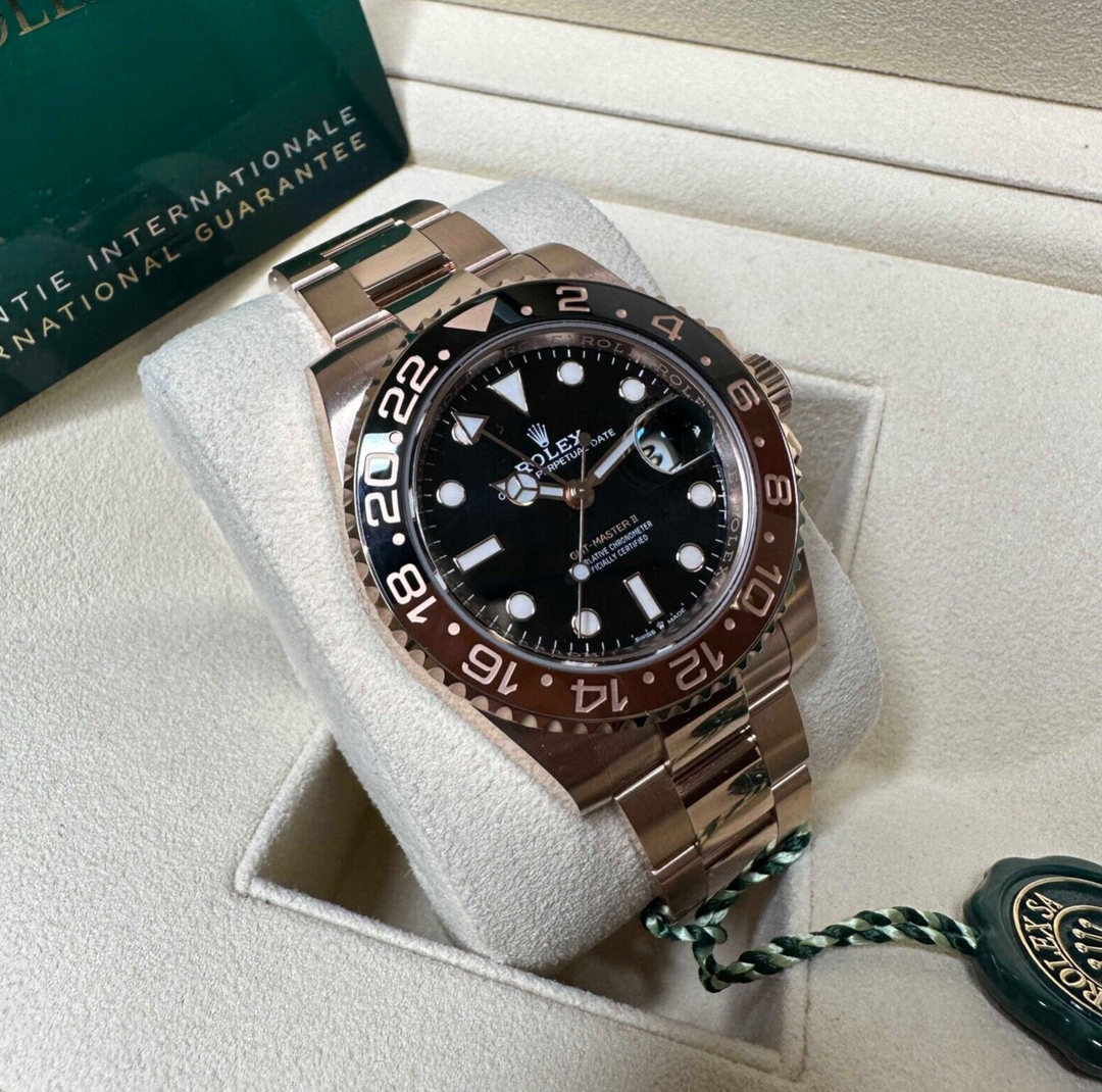 Rolex Mens Rootbeer GMT-Master II Solid 18K Rose Gold 126715 Watch - luxuriantconcierge