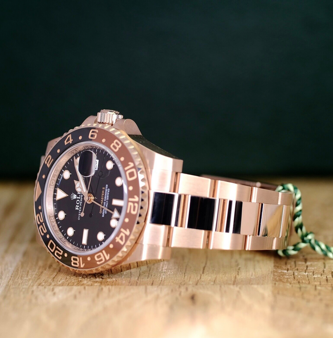 Rolex Mens Rootbeer GMT-Master II Solid 18K Rose Gold 126715 Watch - luxuriantconcierge