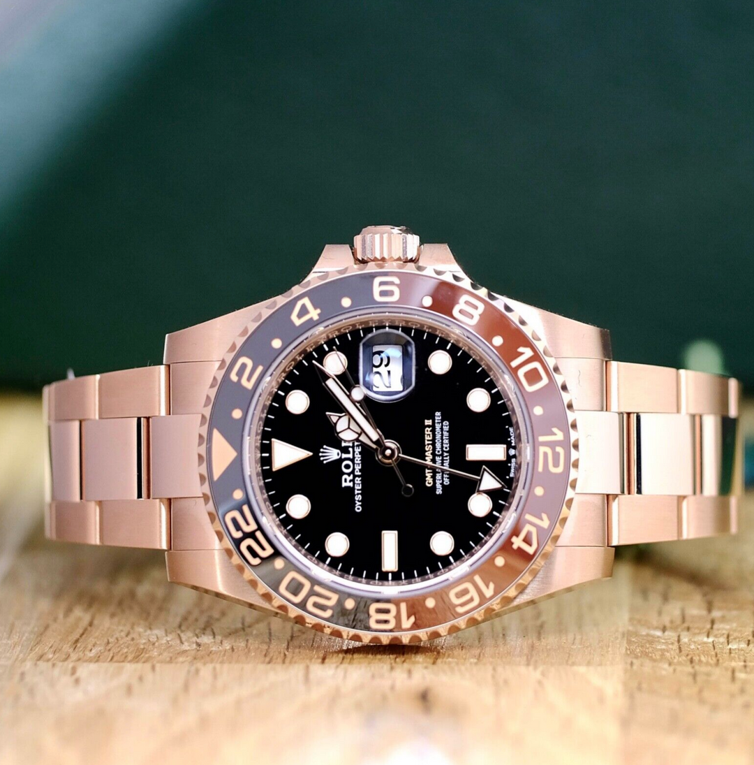 Rolex Mens Rootbeer GMT-Master II Solid 18K Rose Gold 126715 Watch - luxuriantconcierge