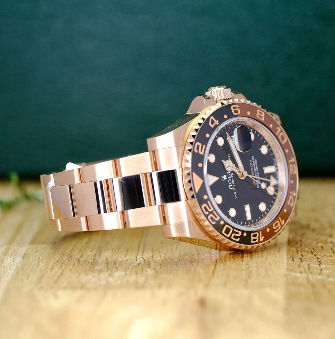 Rolex Mens Rootbeer GMT-Master II Solid 18K Rose Gold 126715 Watch - luxuriantconcierge