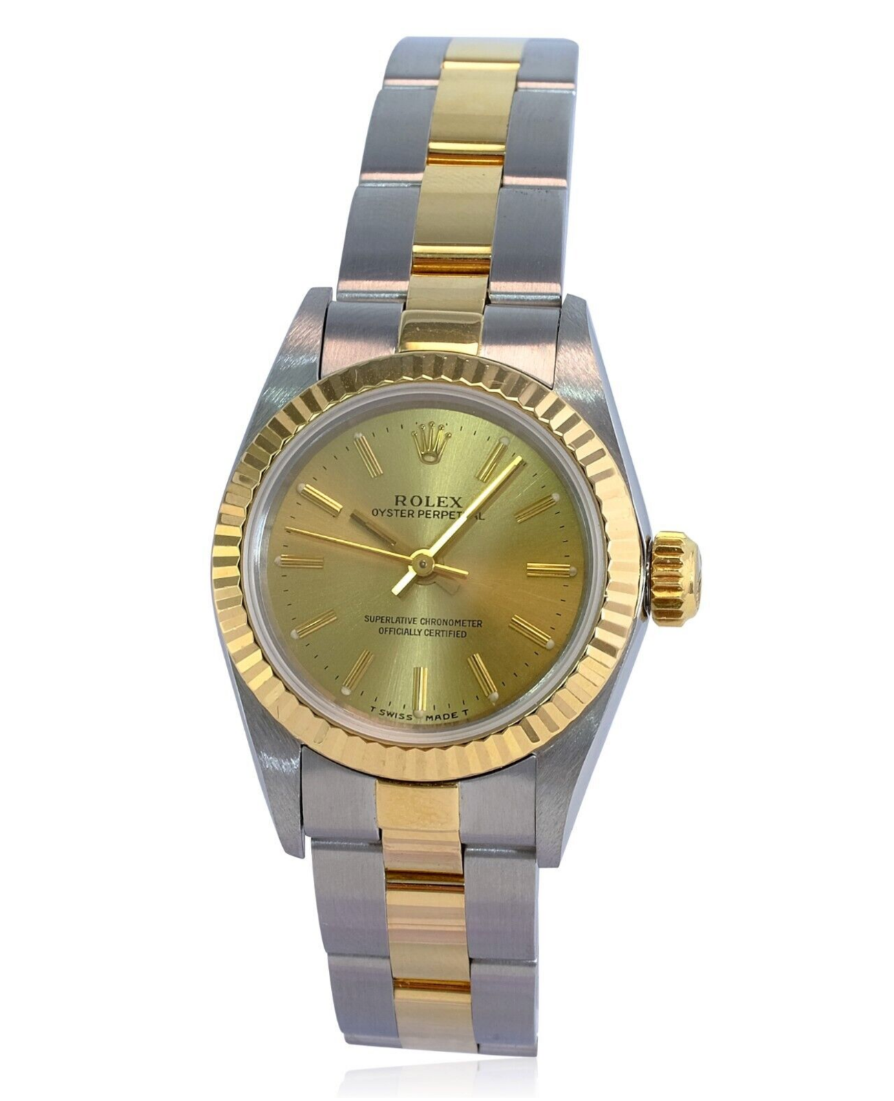 Rolex Ladies Watch Oyster Perpetual 18k Yellow Gold & Steel Champagne Index Dial - luxuriantconcierge