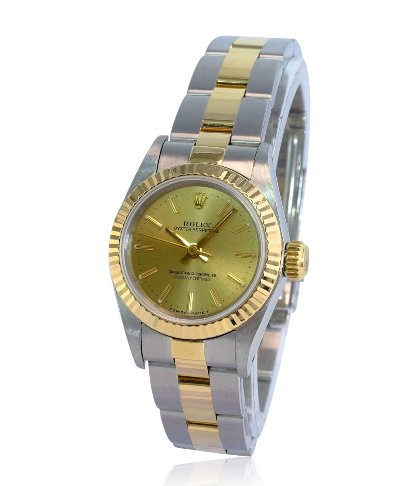 Rolex Ladies Watch Oyster Perpetual 18k Yellow Gold & Steel Champagne Index Dial - luxuriantconcierge