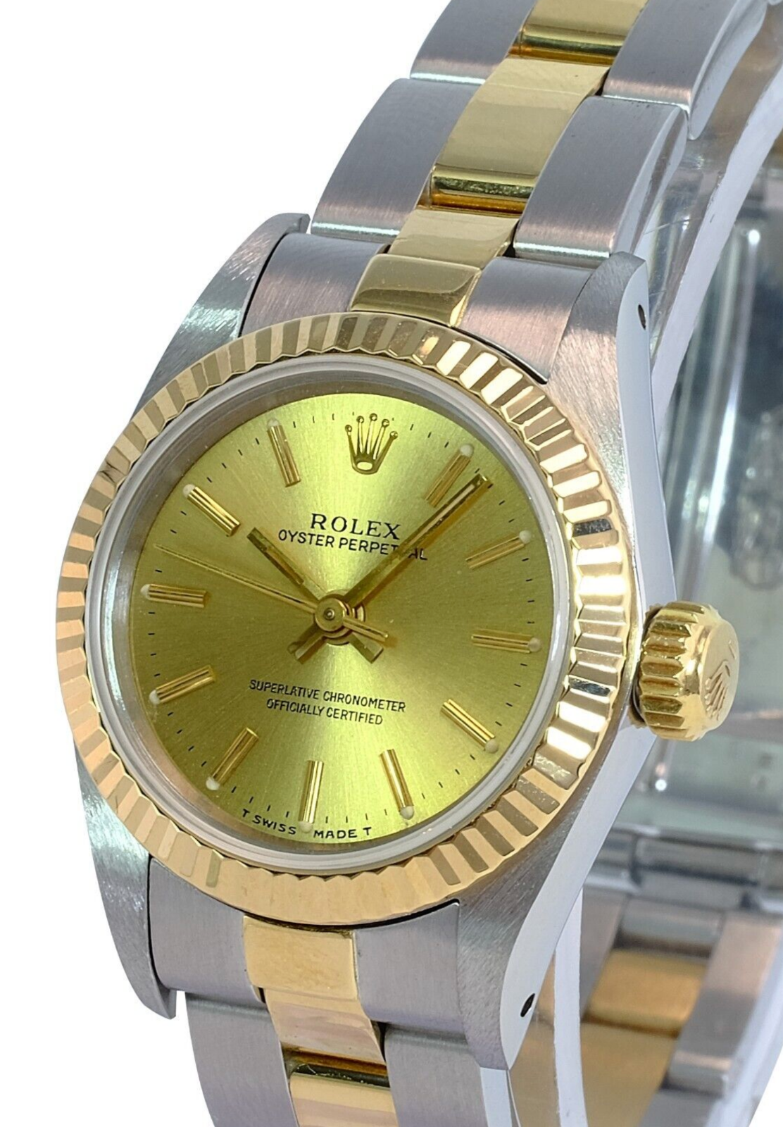 Rolex Ladies Watch Oyster Perpetual 18k Yellow Gold & Steel Champagne Index Dial - luxuriantconcierge