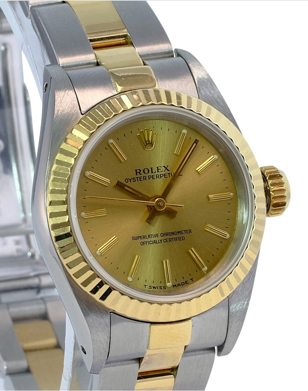 Rolex Ladies Watch Oyster Perpetual 18k Yellow Gold & Steel Champagne Index Dial - luxuriantconcierge