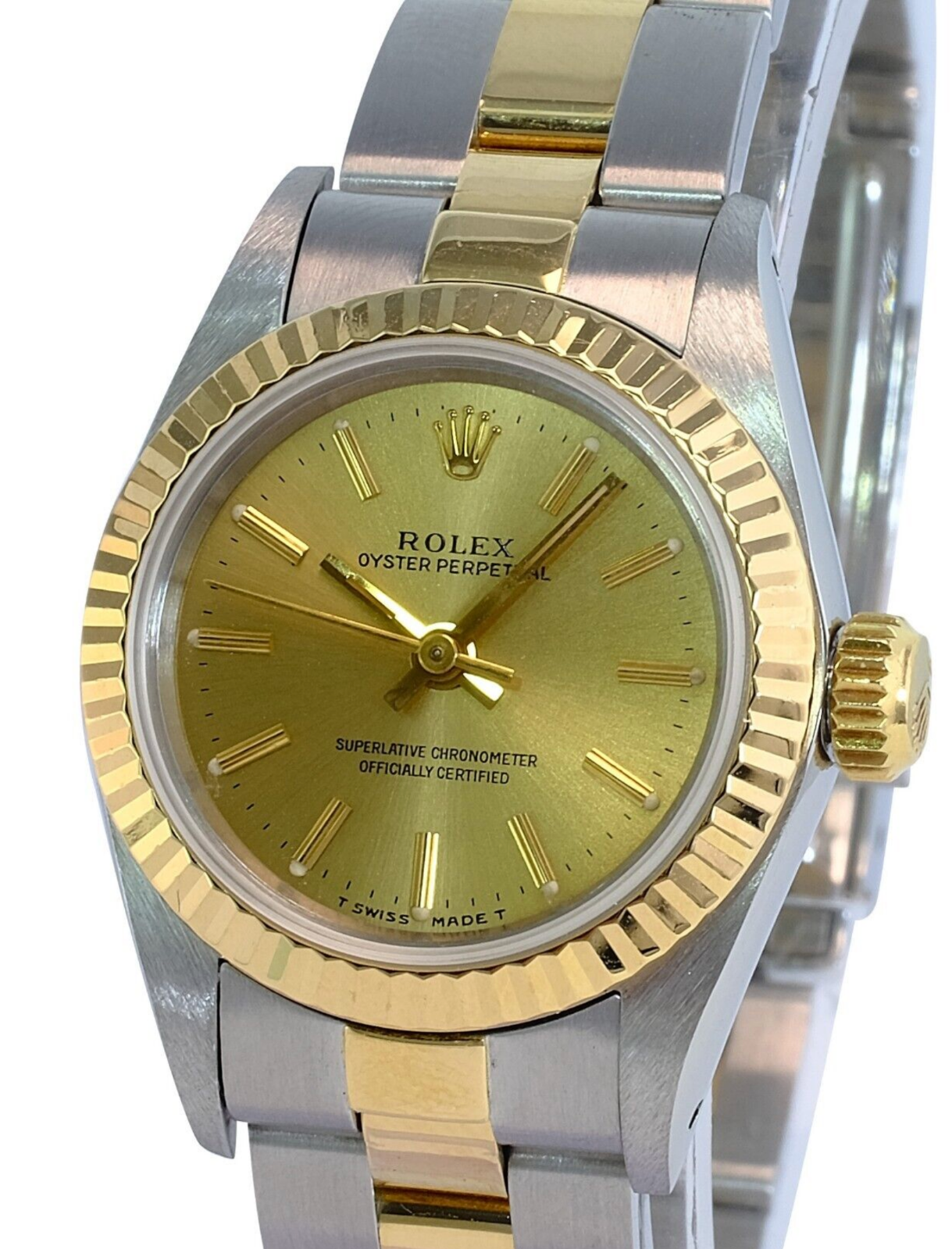 Rolex Ladies Watch Oyster Perpetual 18k Yellow Gold & Steel Champagne Index Dial - luxuriantconcierge