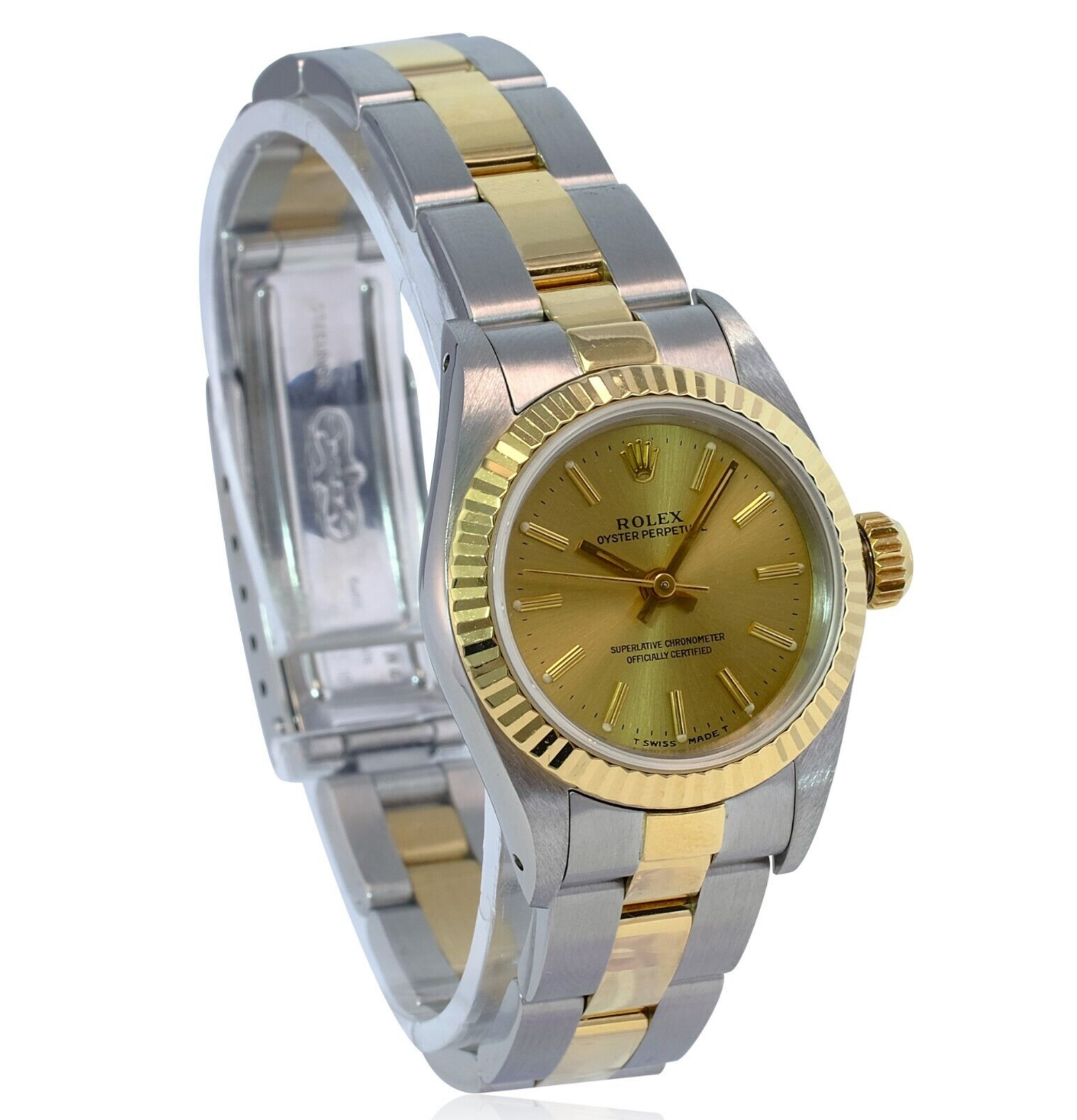 Rolex Ladies Watch Oyster Perpetual 18k Yellow Gold & Steel Champagne Index Dial - luxuriantconcierge