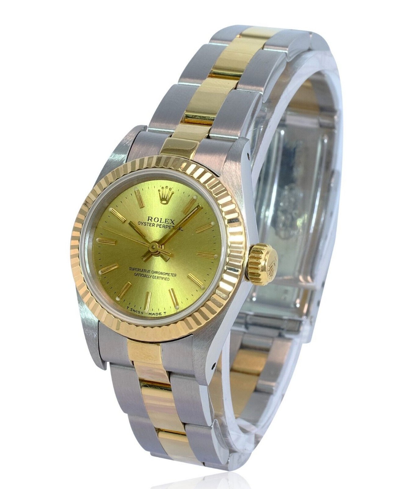 Rolex Ladies Watch Oyster Perpetual 18k Yellow Gold & Steel Champagne Index Dial - luxuriantconcierge