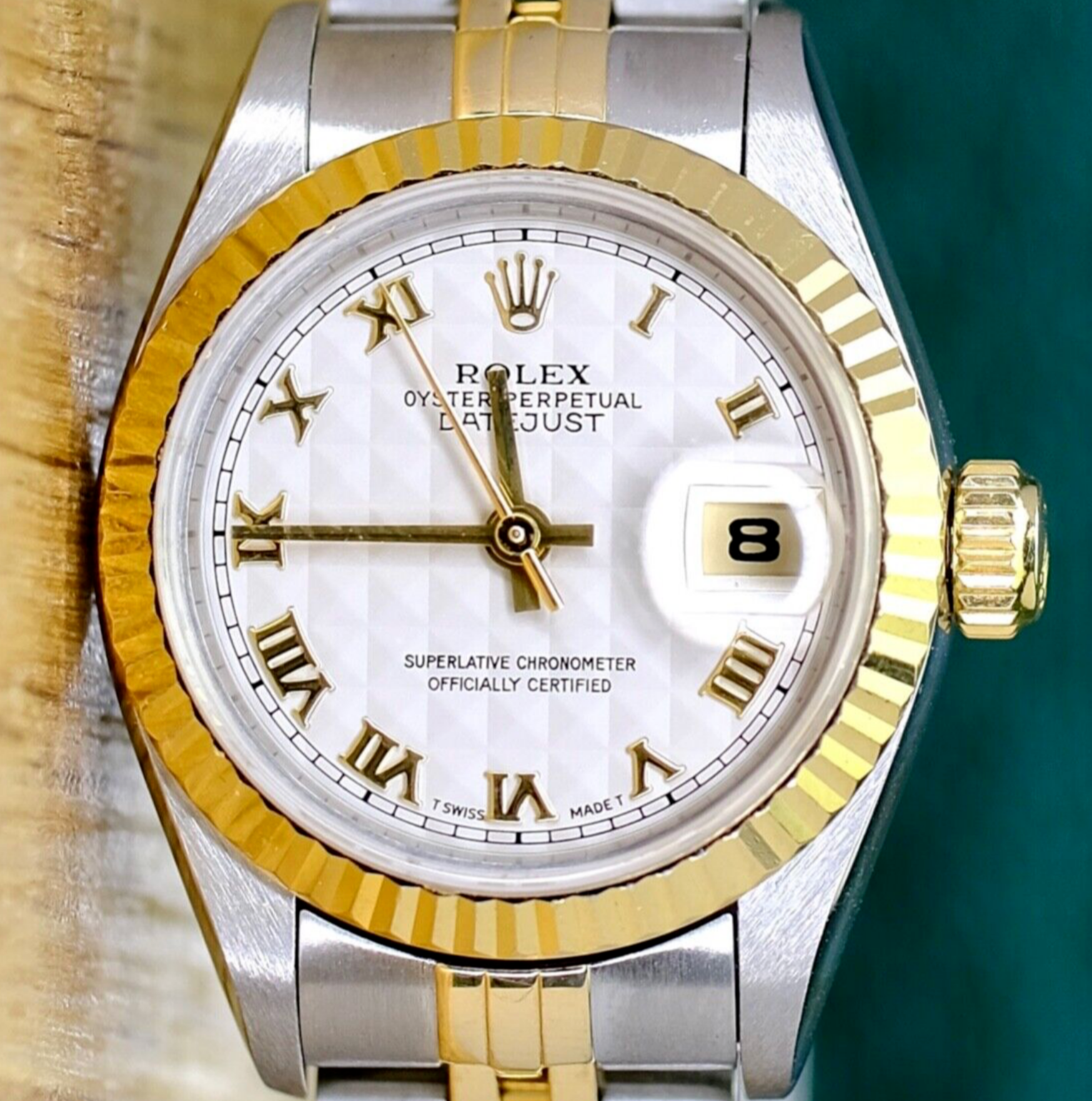 Rolex Womens Datejust 18KY & Steel Cream  Roman Pyramid Dial Fluted Jubilee 69173 Watch - luxuriantconcierge