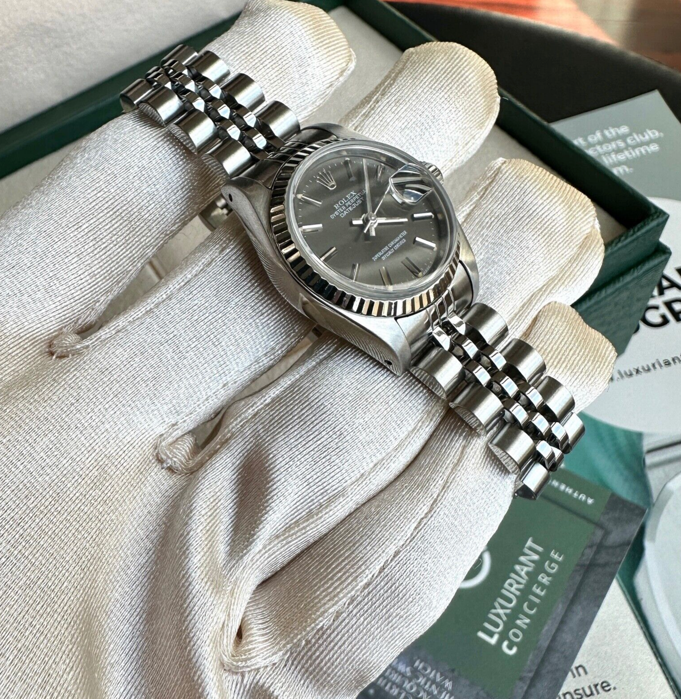 Rolex Womens Datejust Grey Index  18KW Bezel  26MM Watch 69174 - luxuriantconcierge