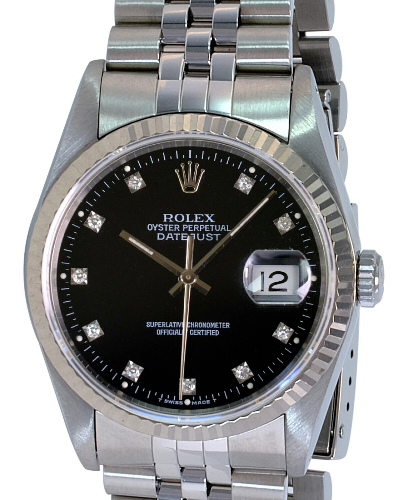 Rolex Men's Datejust Factory Black Diamond Dial 18k WG Bezel 36mm Watch - luxuriantconcierge