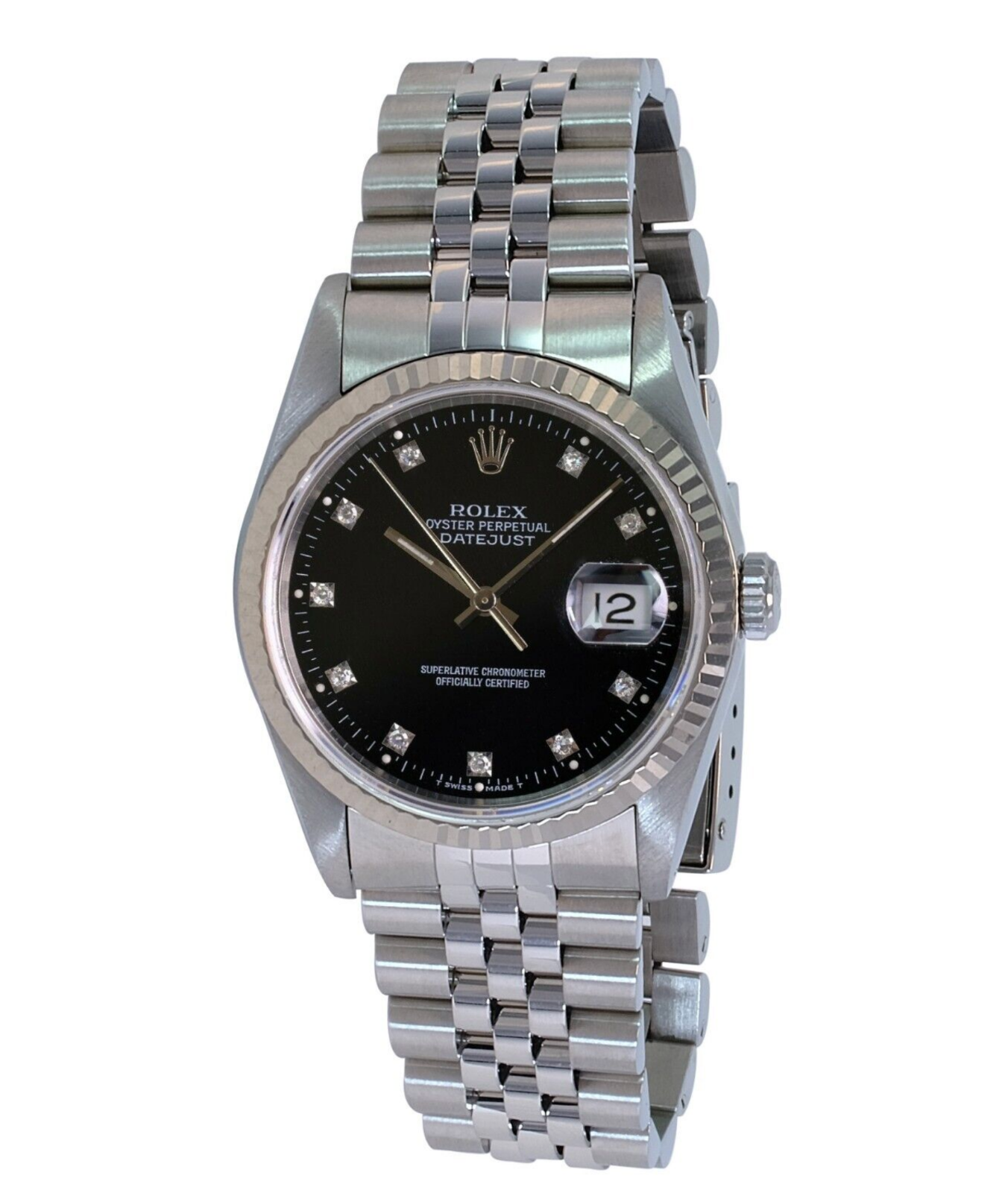 Rolex Men's Datejust Factory Black Diamond Dial 18k WG Bezel 36mm Watch - luxuriantconcierge