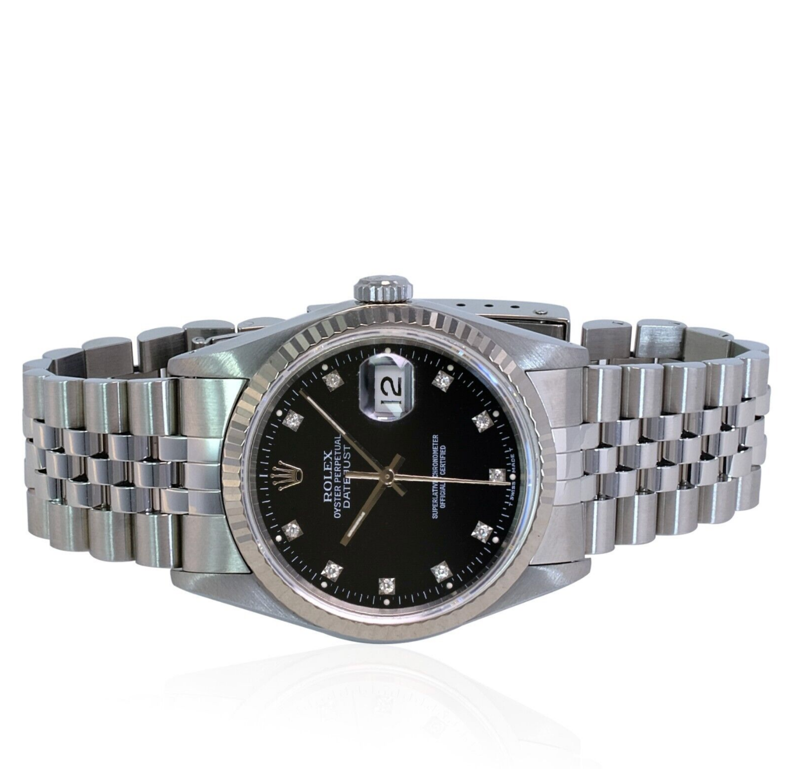 Rolex Men's Datejust Factory Black Diamond Dial 18k WG Bezel 36mm Watch - luxuriantconcierge