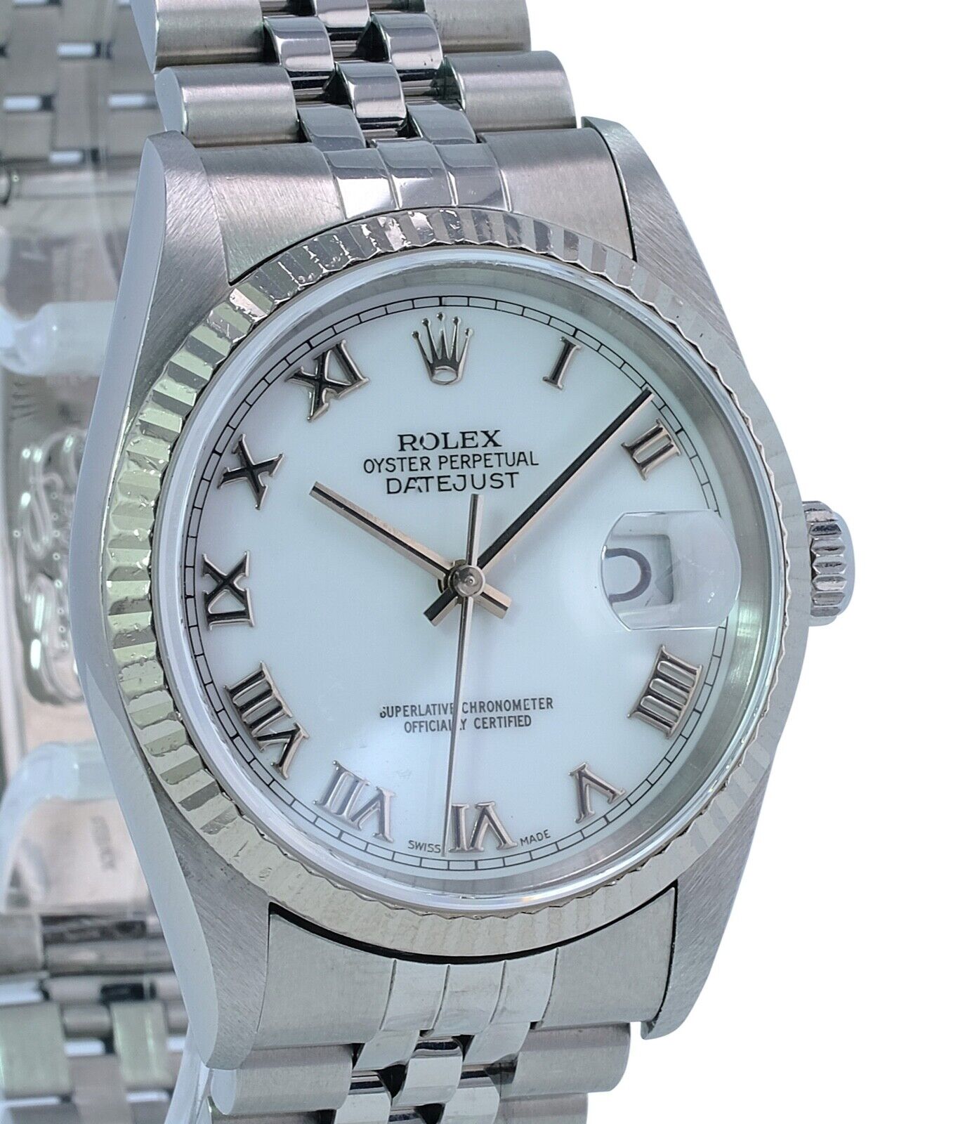 Mens Rolex Datejust 16234 Watch 18KW Gold Steel White Roman Marker Jubilee Band - luxuriantconcierge