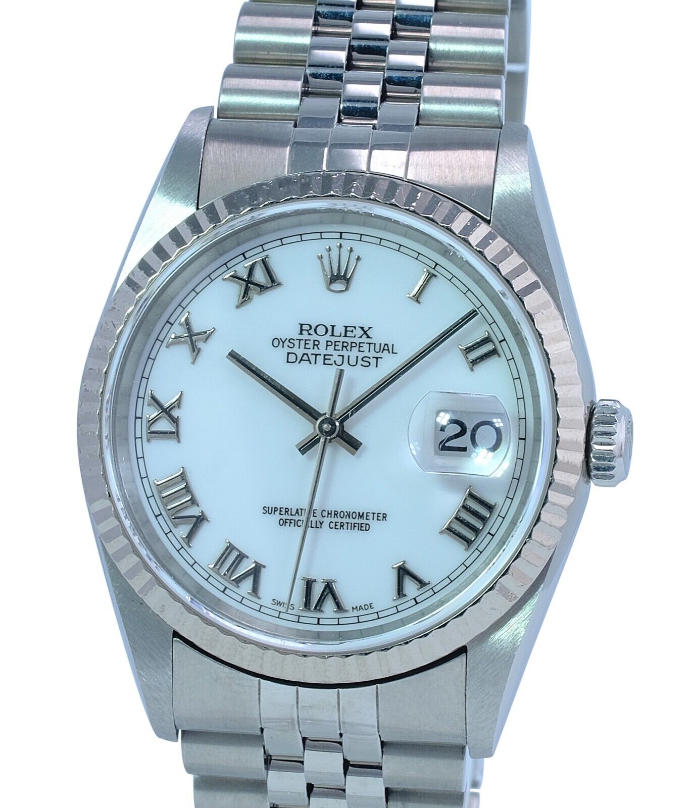 Mens Rolex Datejust 16234 Watch 18KW Gold Steel White Roman Marker Jubilee Band - luxuriantconcierge