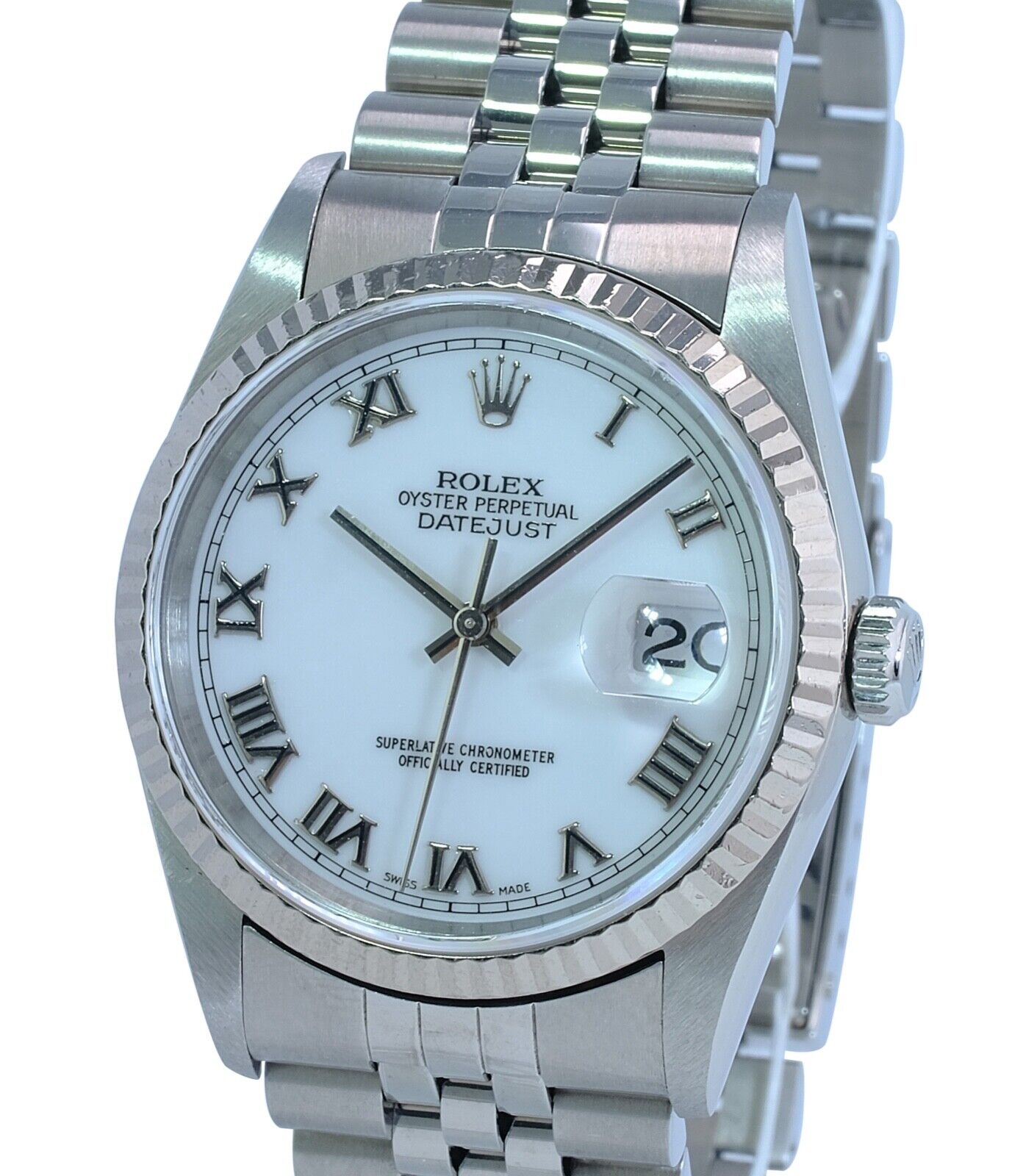 Mens Rolex Datejust 16234 Watch 18KW Gold Steel White Roman Marker Jubilee Band - luxuriantconcierge