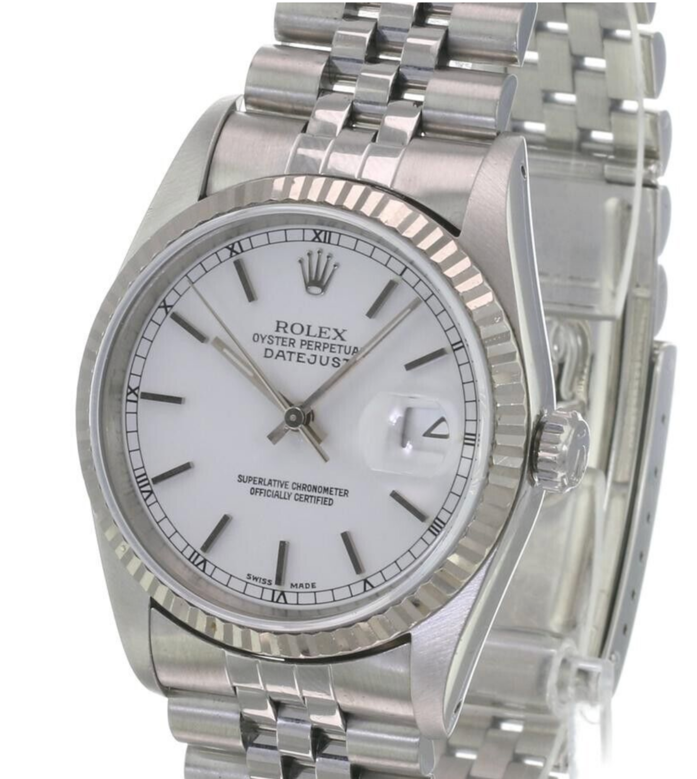 Rolex Men's Datejust Steel White Index Dial 18KW Gold Fluted Bezel 36mm Watch - luxuriantconcierge