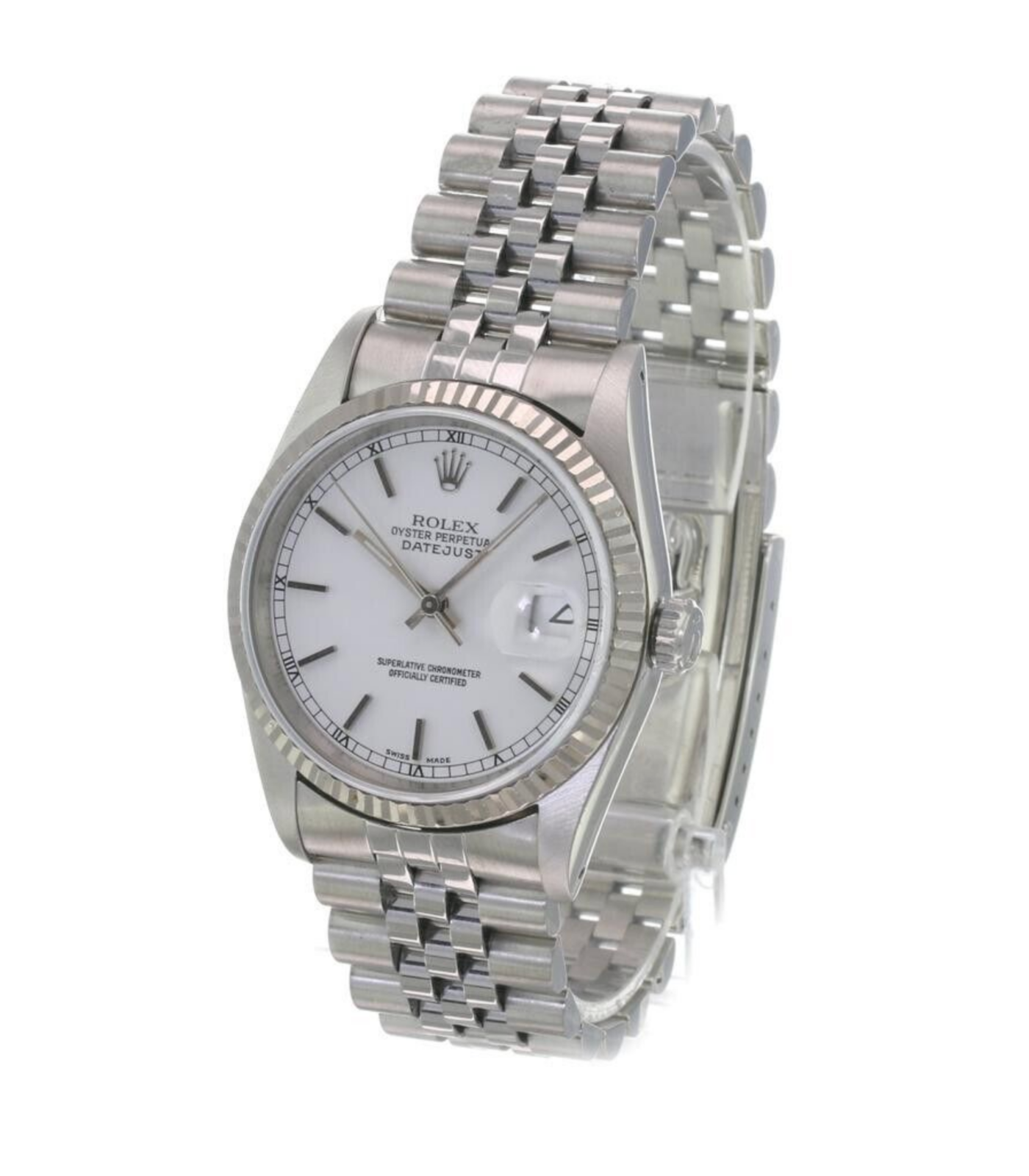 Rolex Men's Datejust Steel White Index Dial 18KW Gold Fluted Bezel 36mm Watch - luxuriantconcierge