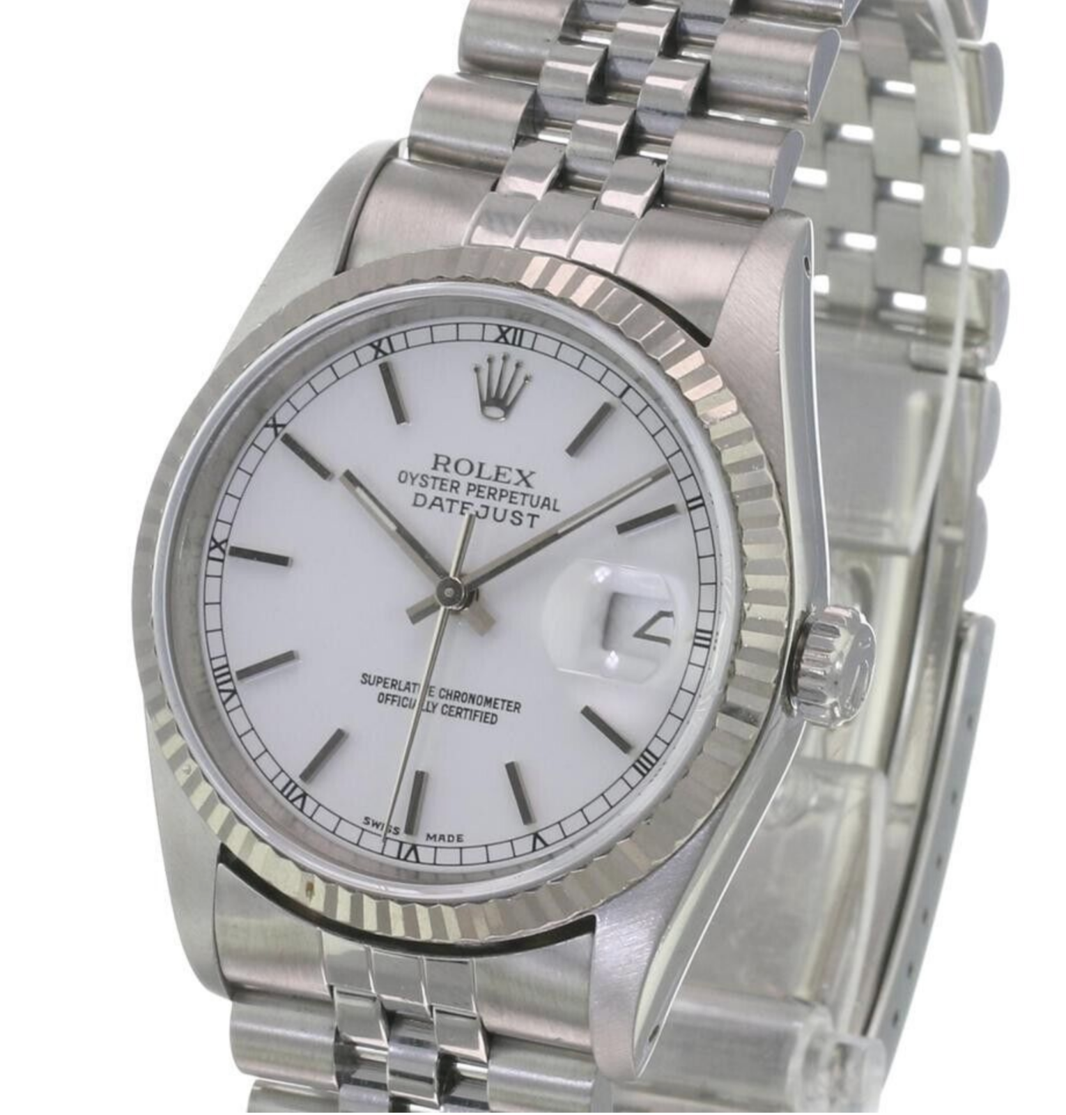 Rolex Men's Datejust Steel White Index Dial 18KW Gold Fluted Bezel 36mm Watch - luxuriantconcierge