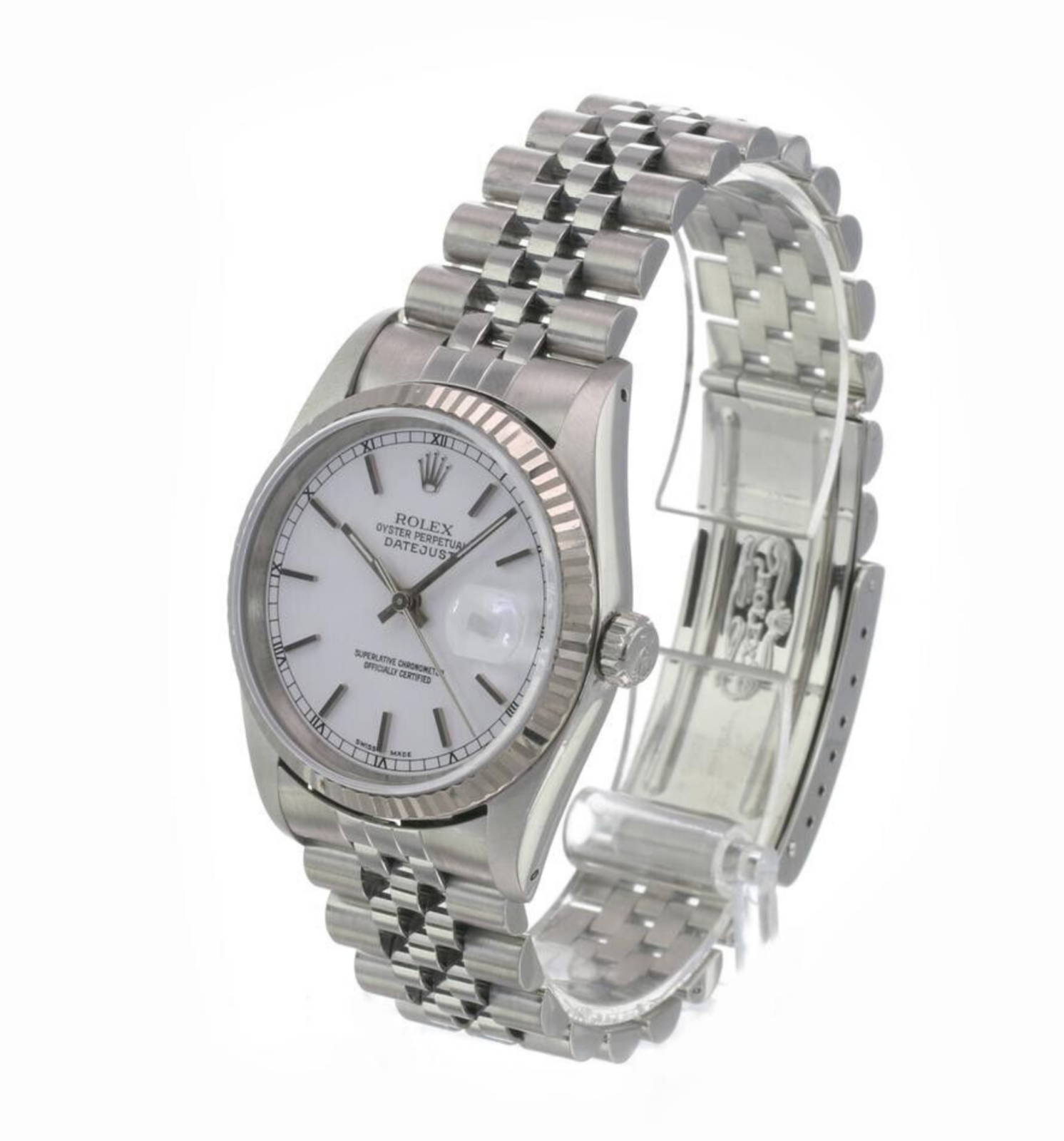 Rolex Men's Datejust Steel White Index Dial 18KW Gold Fluted Bezel 36mm Watch - luxuriantconcierge