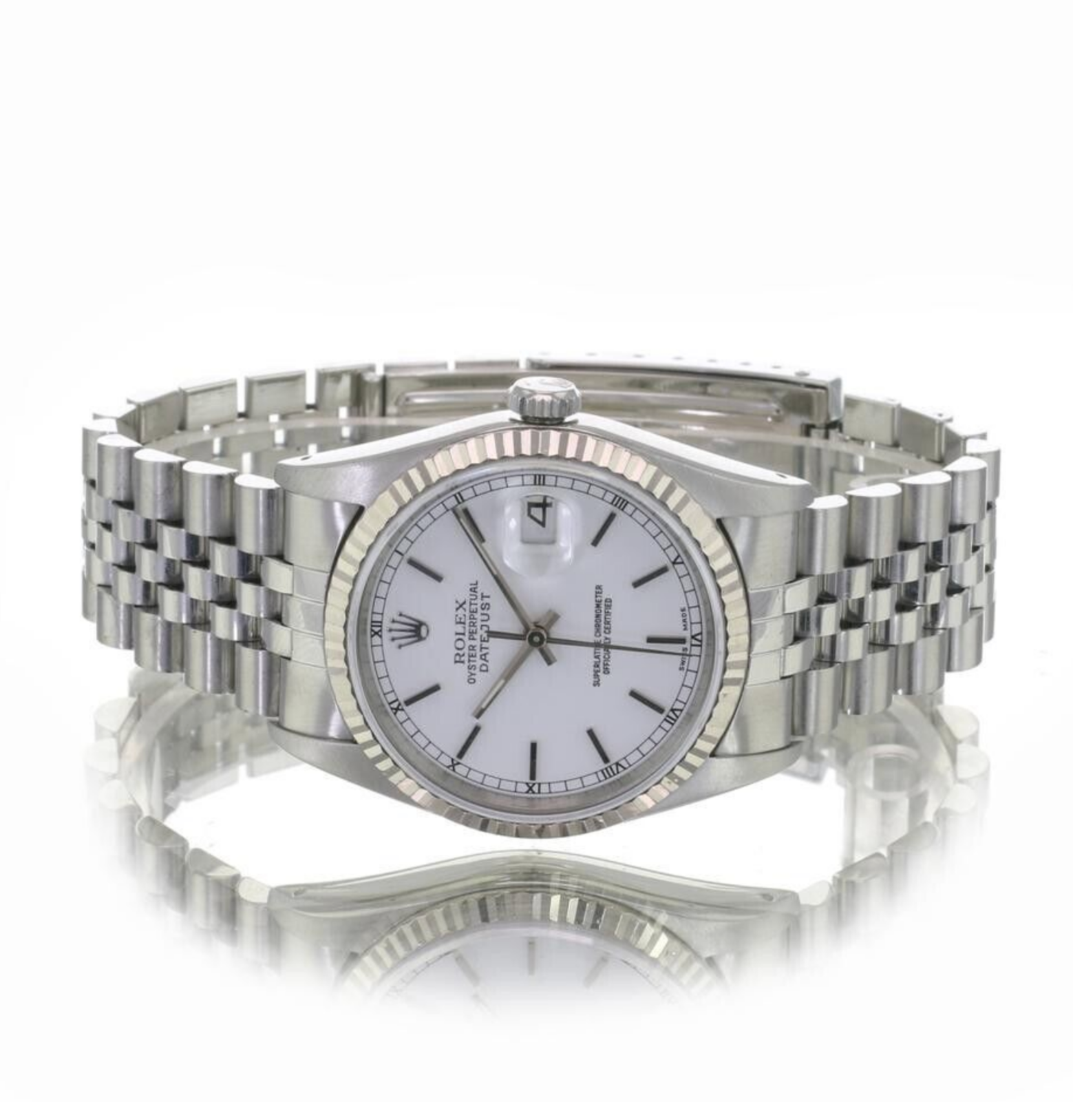 Rolex Men's Datejust Steel White Index Dial 18KW Gold Fluted Bezel 36mm Watch - luxuriantconcierge