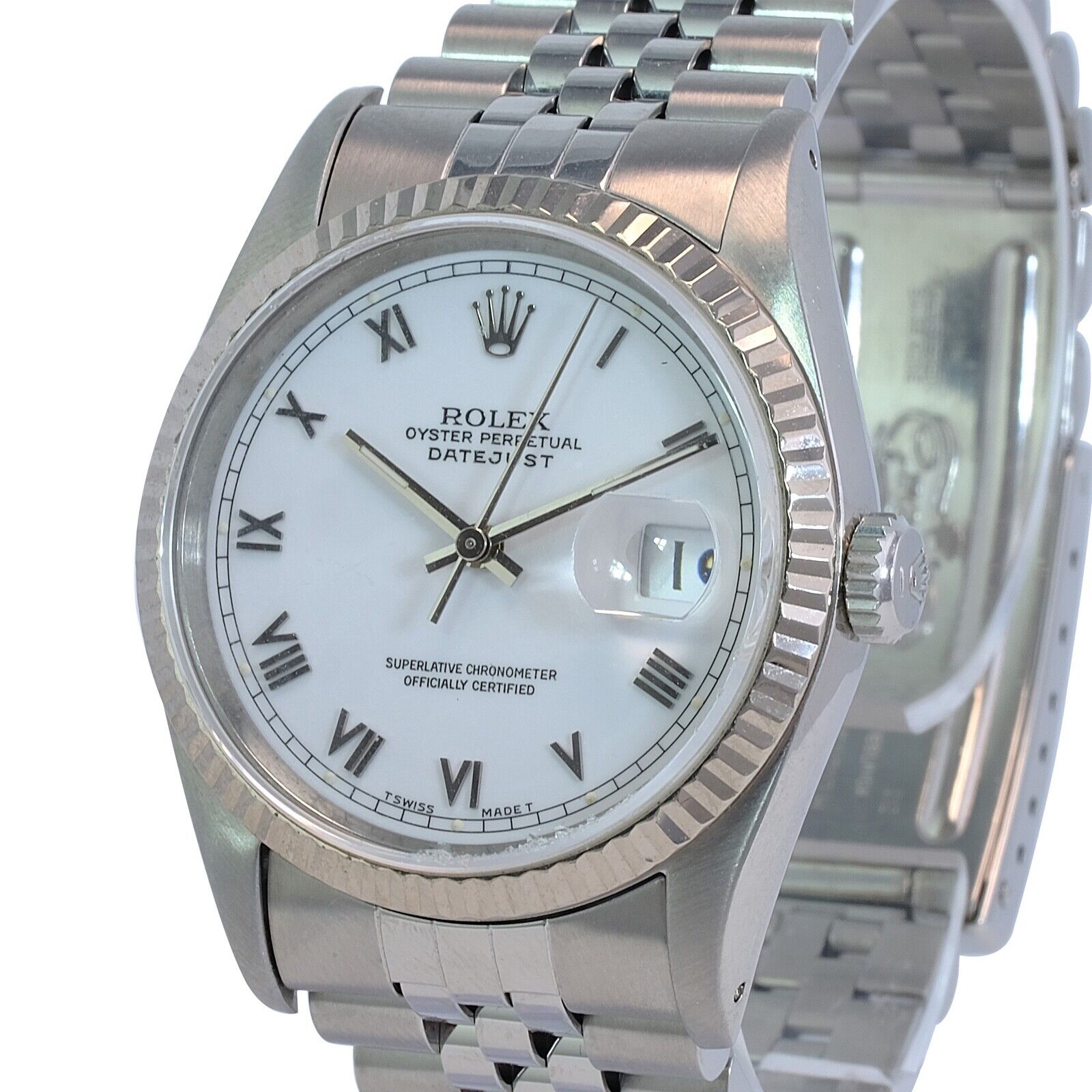 Mens Rolex Datejust Watch 18K White Gold & Steel White Roman Marker Jubilee Band - luxuriantconcierge