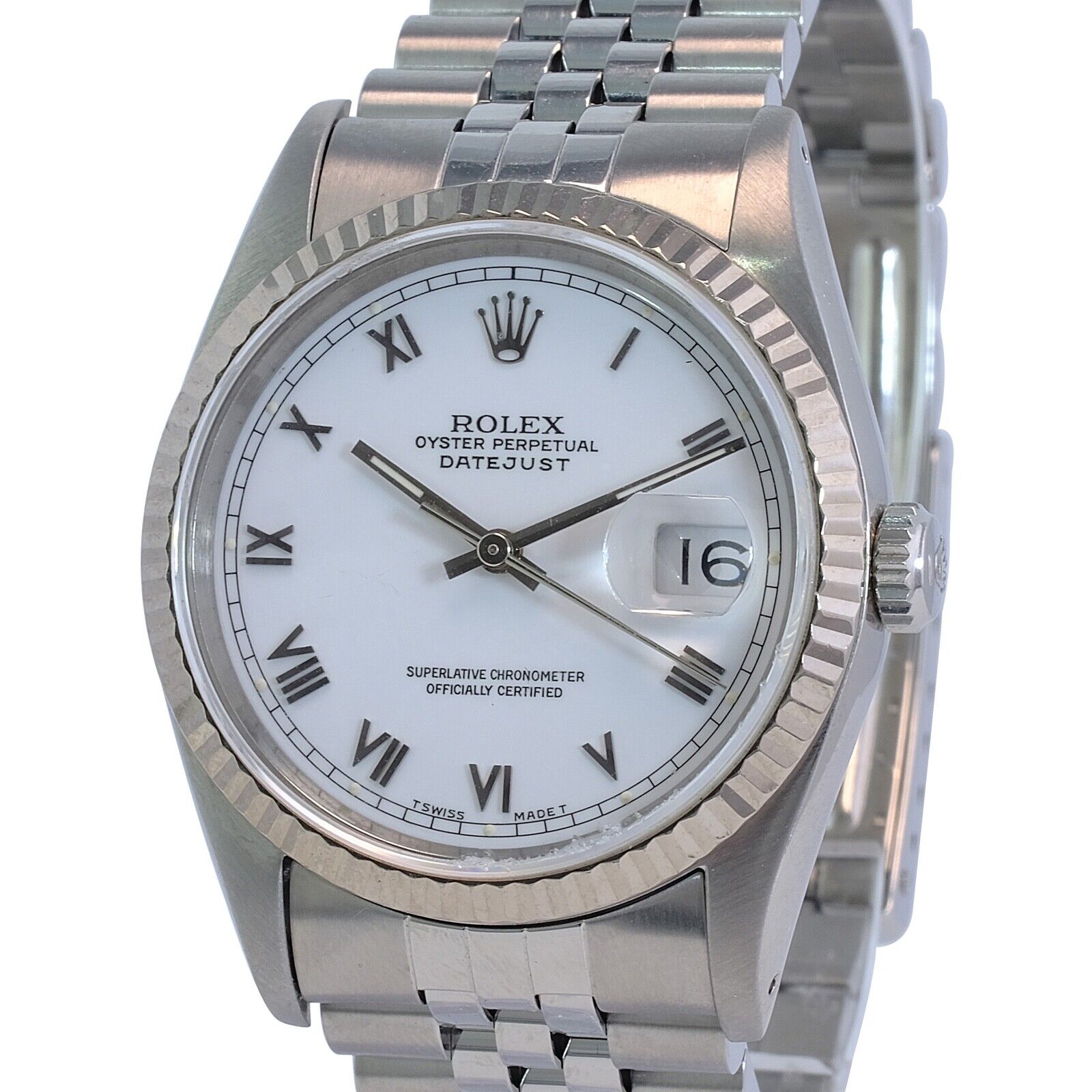 Mens Rolex Datejust Watch 18K White Gold & Steel White Roman Marker Jubilee Band - luxuriantconcierge