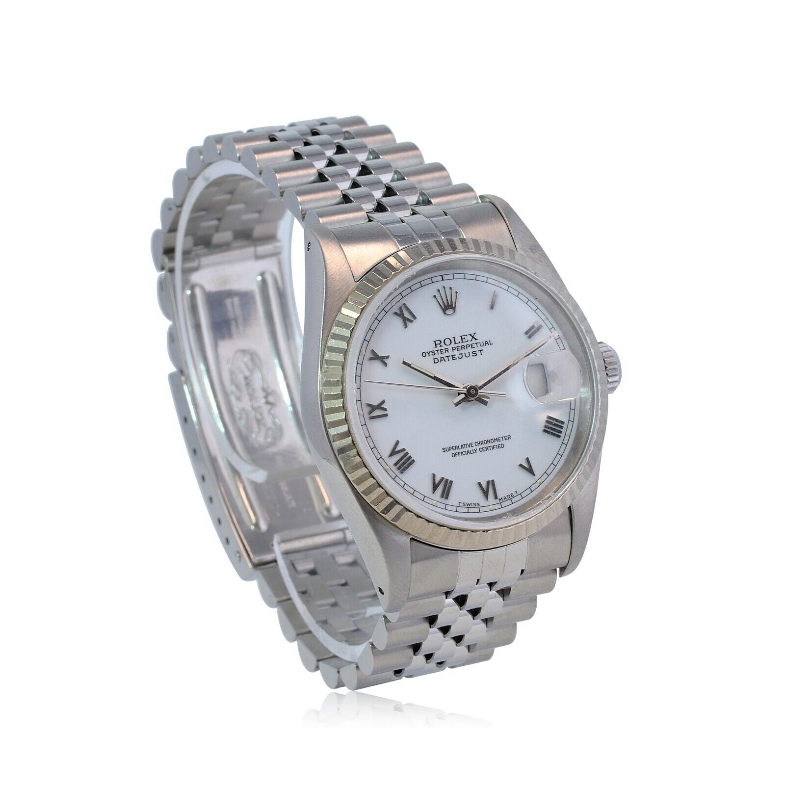 Mens Rolex Datejust Watch 18K White Gold & Steel White Roman Marker Jubilee Band - luxuriantconcierge