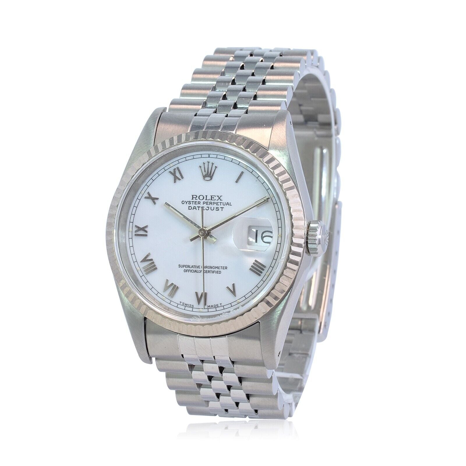 Mens Rolex Datejust Watch 18K White Gold & Steel White Roman Marker Jubilee Band - luxuriantconcierge