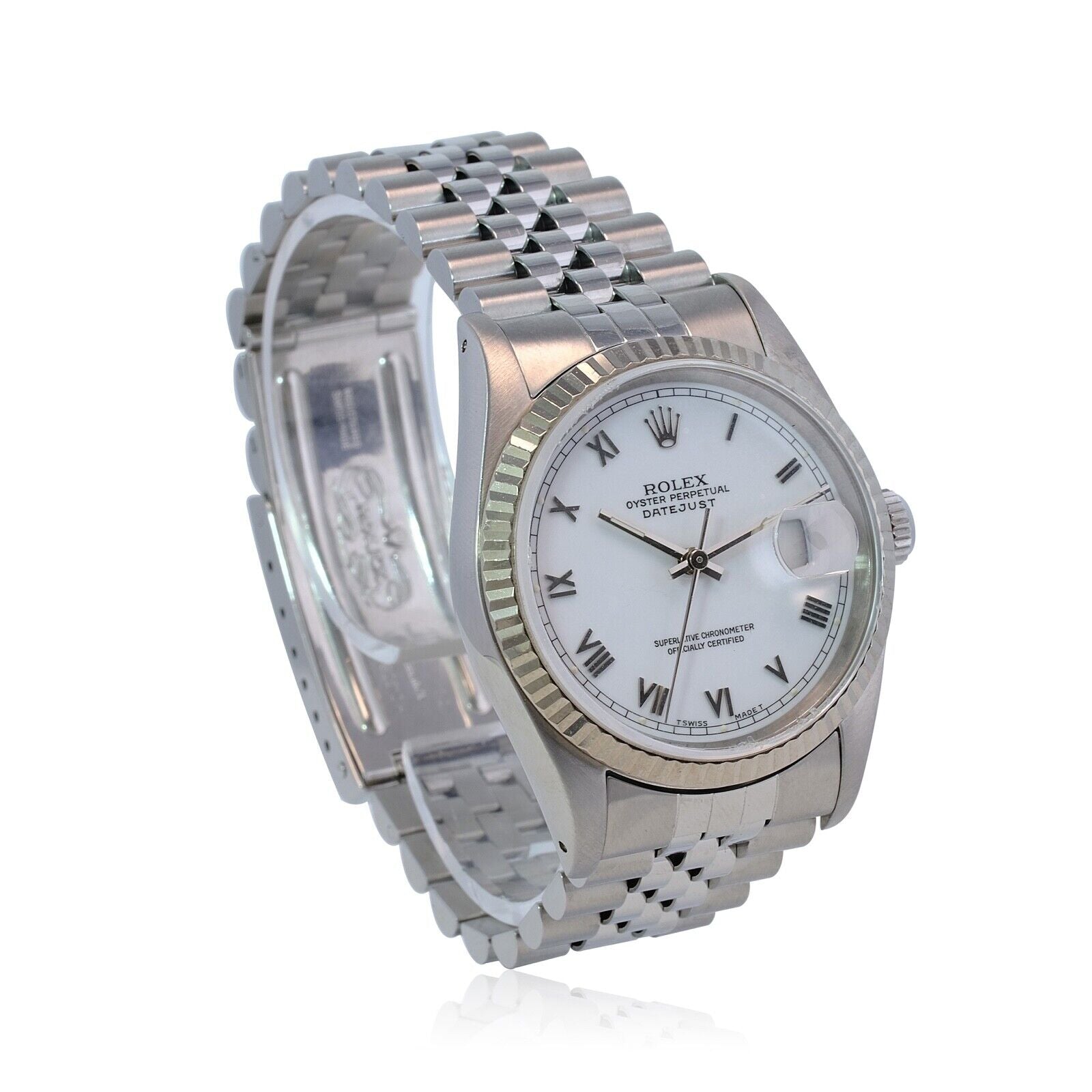 Mens Rolex Datejust Watch 18K White Gold & Steel White Roman Marker Jubilee Band - luxuriantconcierge