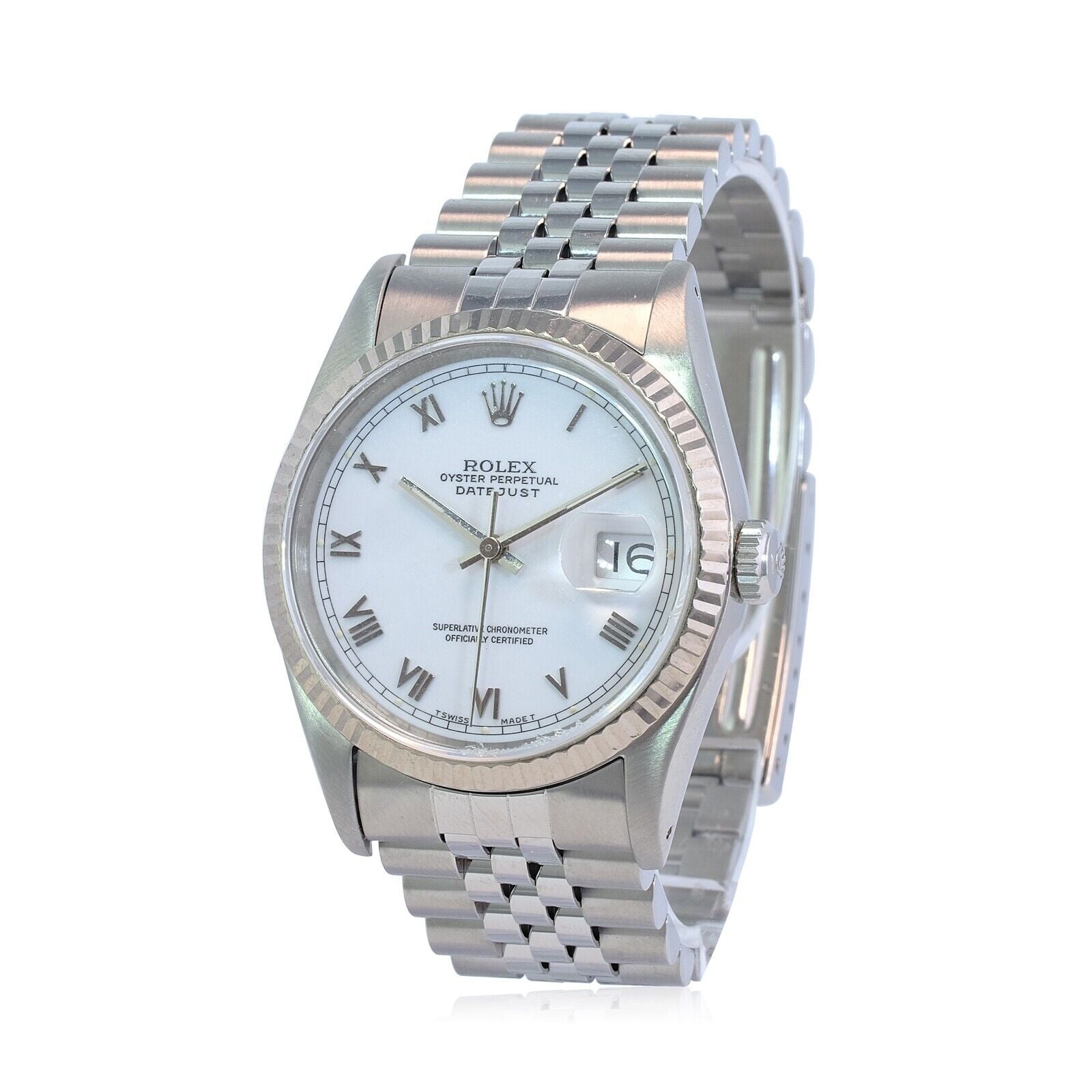 Mens Rolex Datejust Watch 18K White Gold & Steel White Roman Marker Jubilee Band - luxuriantconcierge