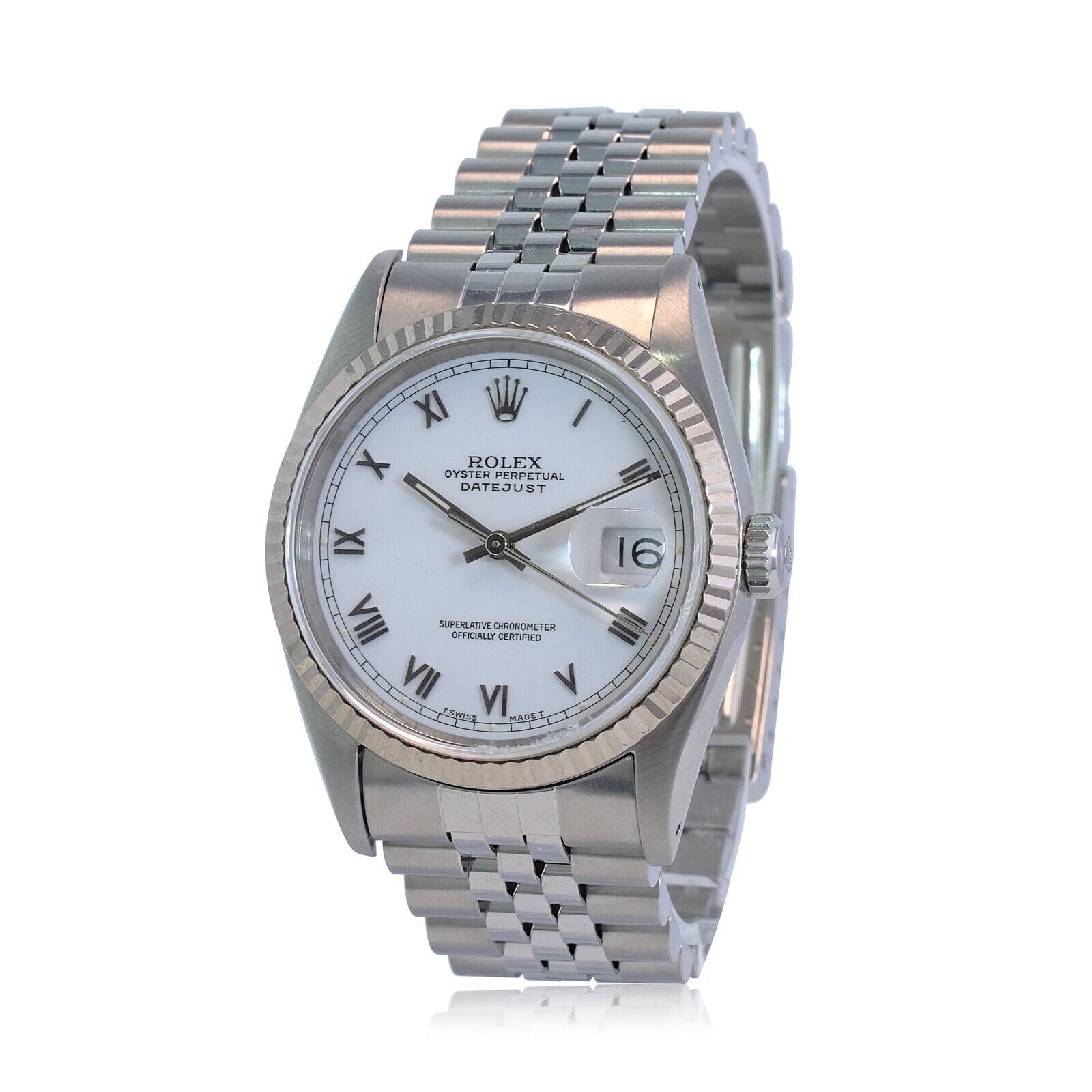 Mens Rolex Datejust Watch 18K White Gold & Steel White Roman Marker Jubilee Band - luxuriantconcierge