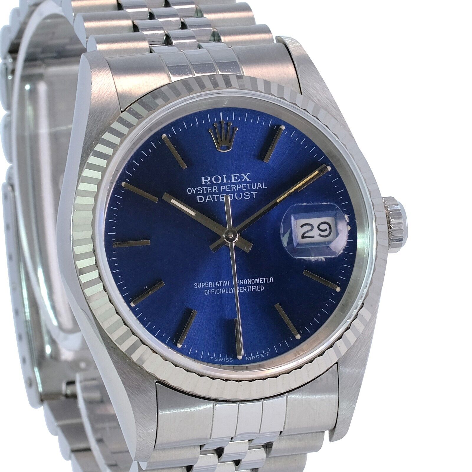 Rolex Men's Datejust Ss & 18KW Gold Blue Index Dial Fluted Bezel 36mm Watch - luxuriantconcierge