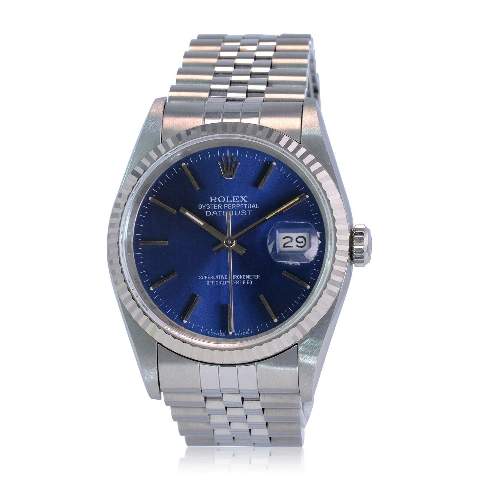 Rolex Men's Datejust Ss & 18KW Gold Blue Index Dial Fluted Bezel 36mm Watch - luxuriantconcierge