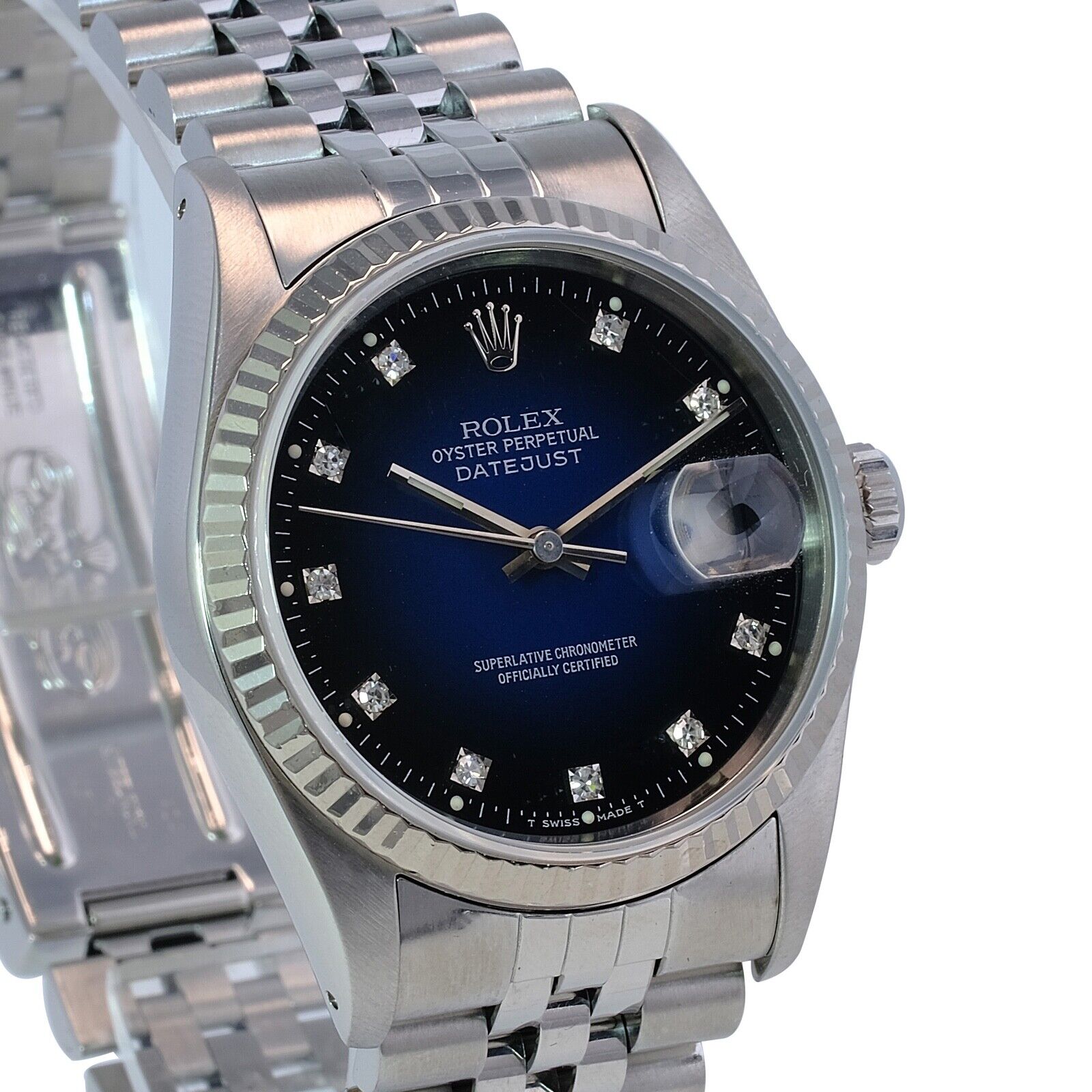 Rolex Datejust 16234 Mens 18KW Gold Blue Vignette Diamond Dial Fluted Jubilee - luxuriantconcierge