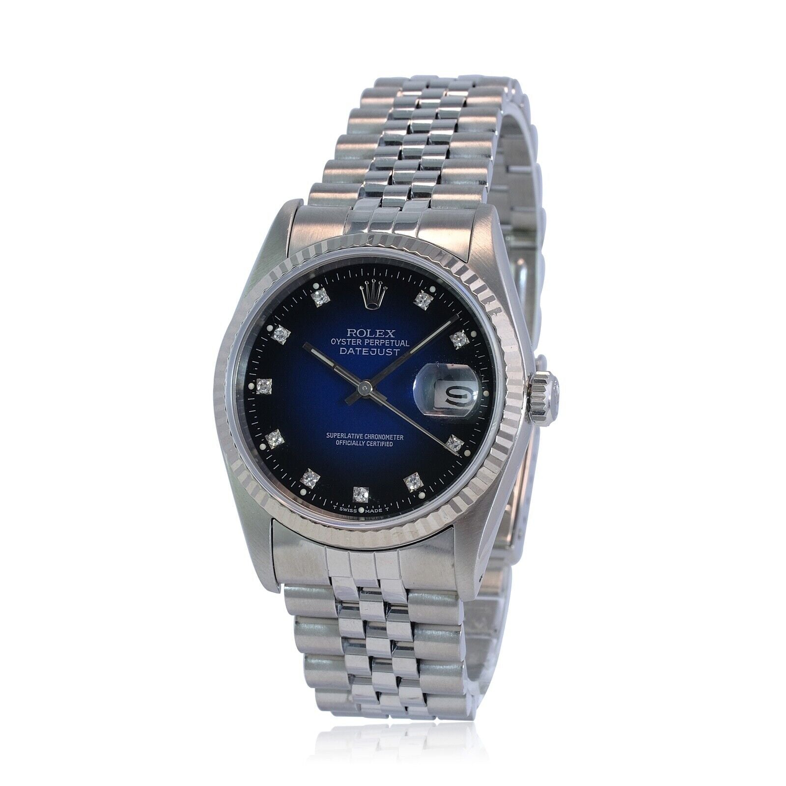 Rolex Datejust 16234 Mens 18KW Gold Blue Vignette Diamond Dial Fluted Jubilee - luxuriantconcierge