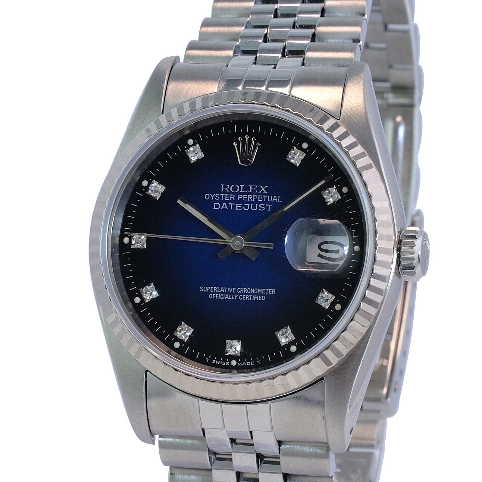 Rolex Datejust 16234 Mens 18KW Gold Blue Vignette Diamond Dial Fluted Jubilee - luxuriantconcierge