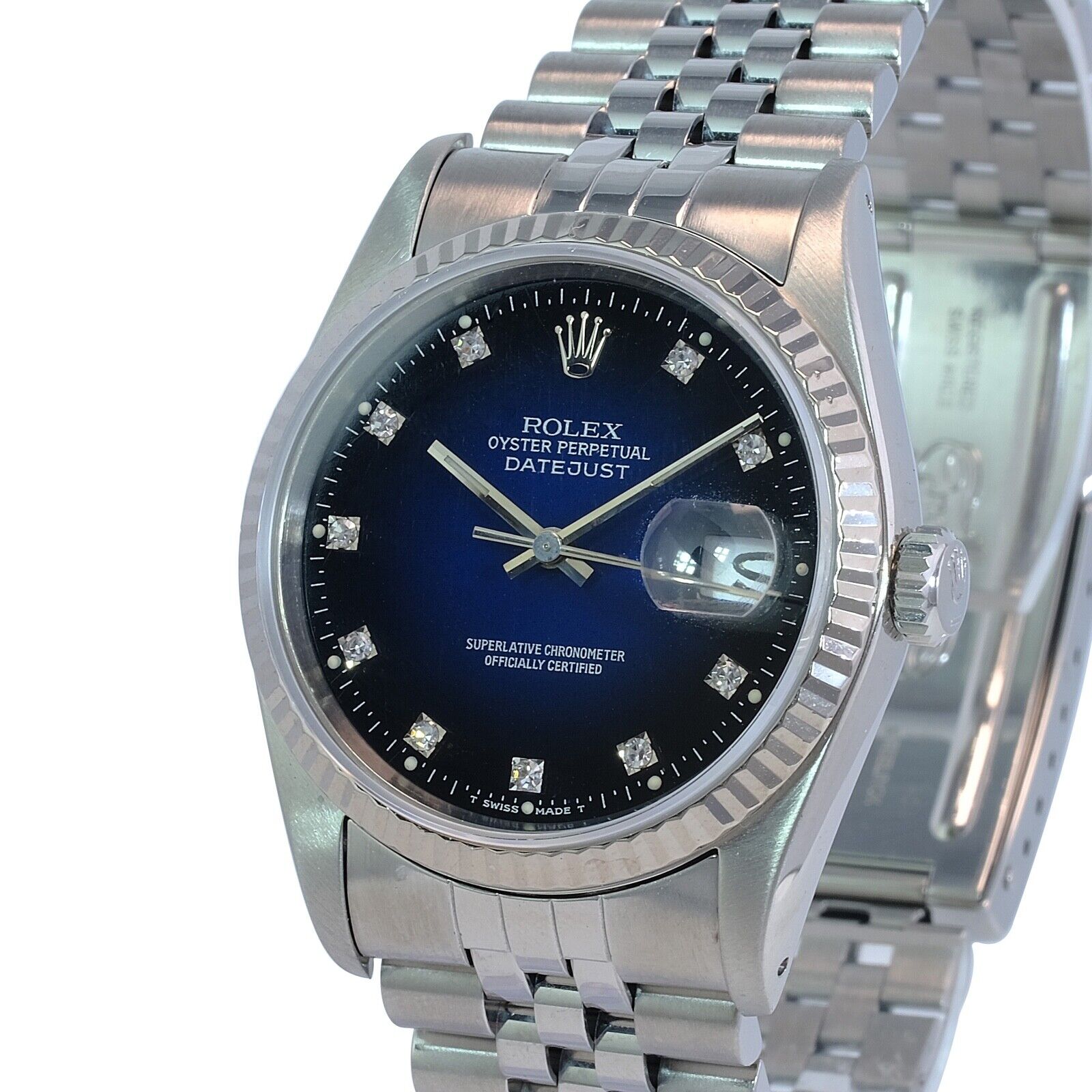 Rolex Datejust 16234 Mens 18KW Gold Blue Vignette Diamond Dial Fluted Jubilee - luxuriantconcierge