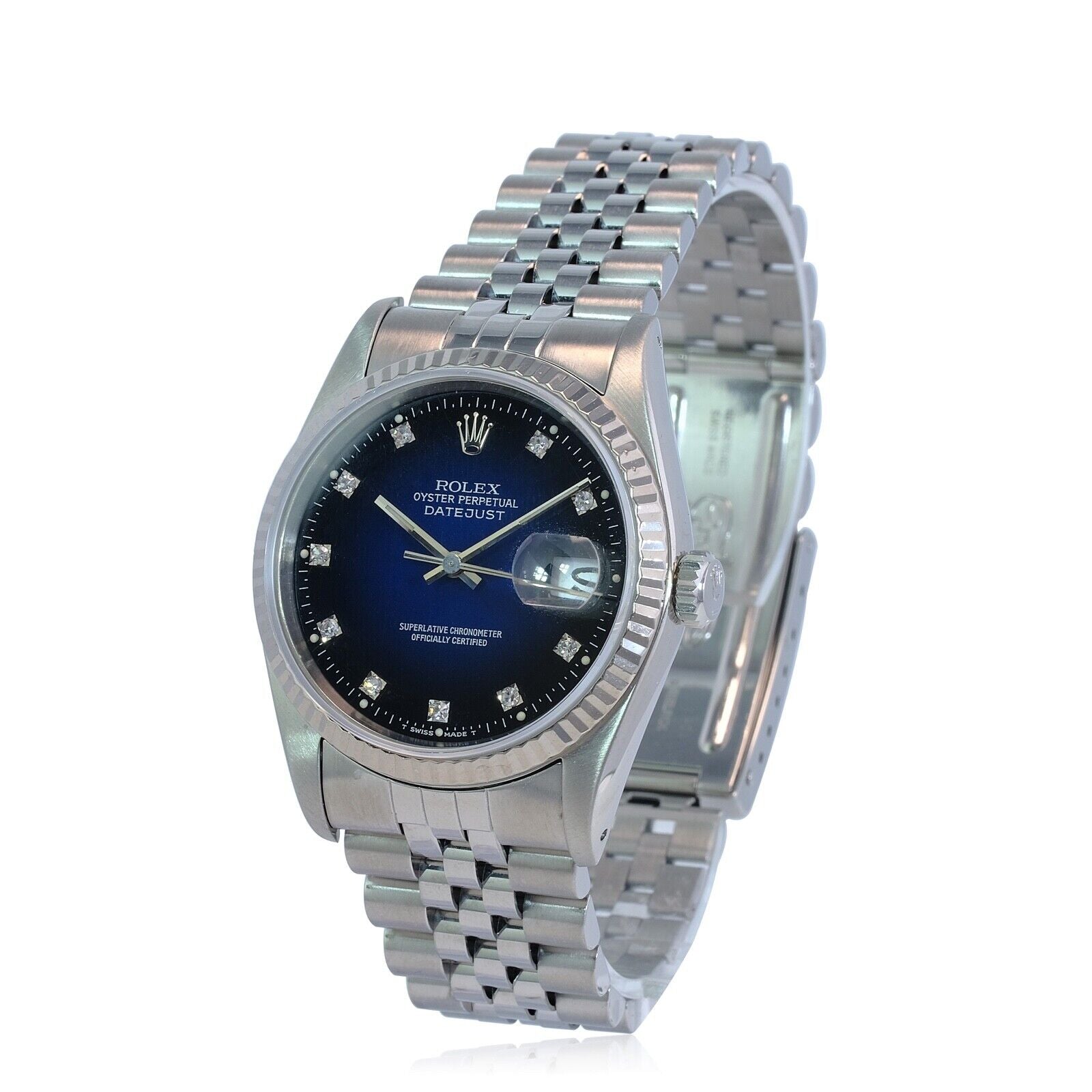 Rolex Datejust 16234 Mens 18KW Gold Blue Vignette Diamond Dial Fluted Jubilee - luxuriantconcierge