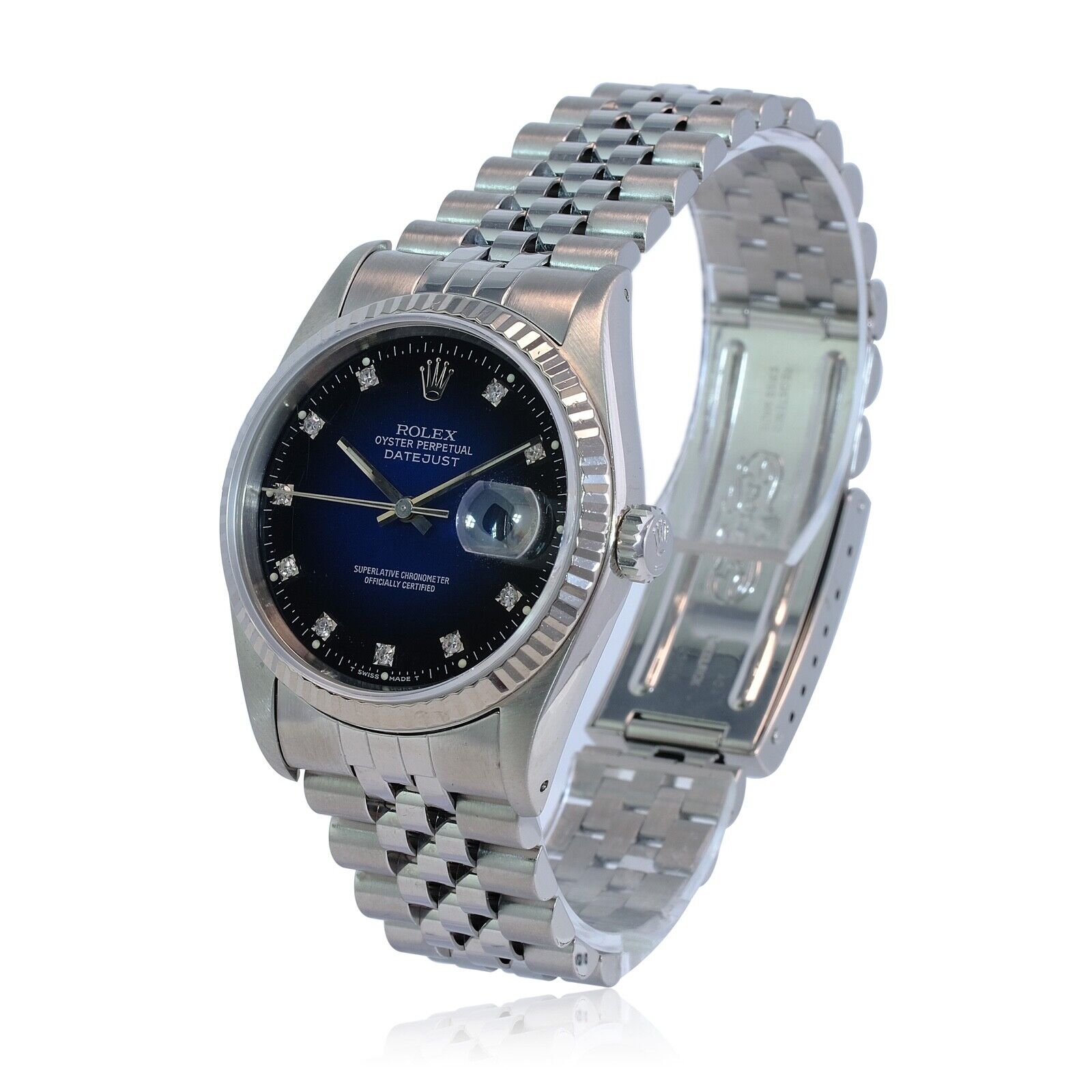 Rolex Datejust 16234 Mens 18KW Gold Blue Vignette Diamond Dial Fluted Jubilee - luxuriantconcierge